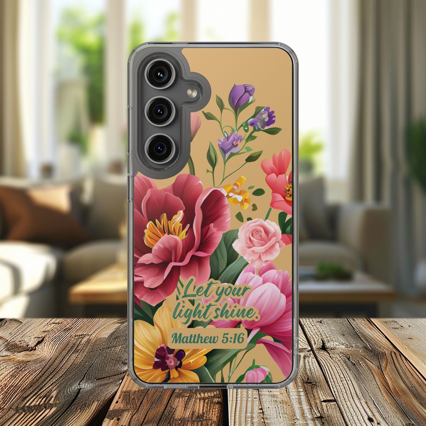 Clear Floral Bible Verse Phone Case — "Let Your Light Shine" (Matthew 5:16) for iPhone and Samsung Cases.