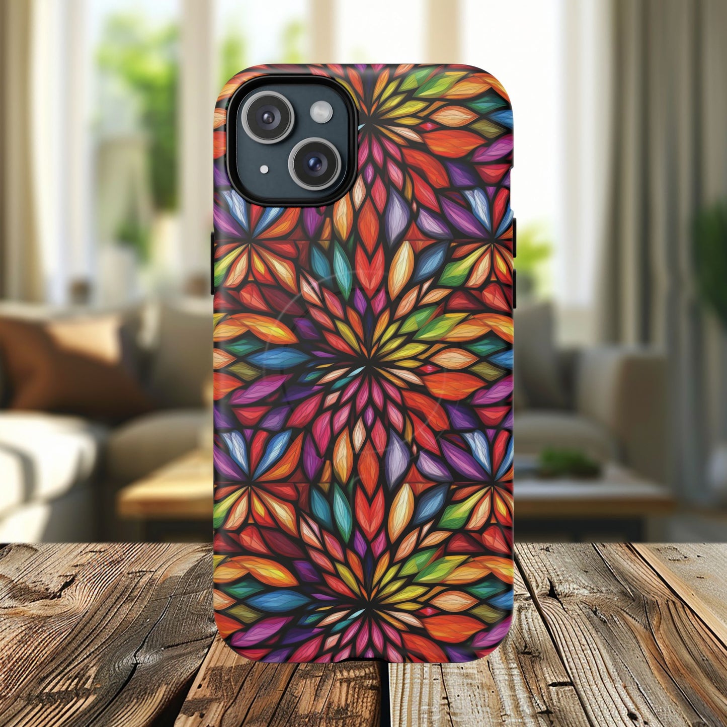Prism Bloom Tough iPhone Magnetic Case, Stained Glass  MagSafe Cases, iPhone Accessory, Floral Design, Unique Gift, iPhone Protection