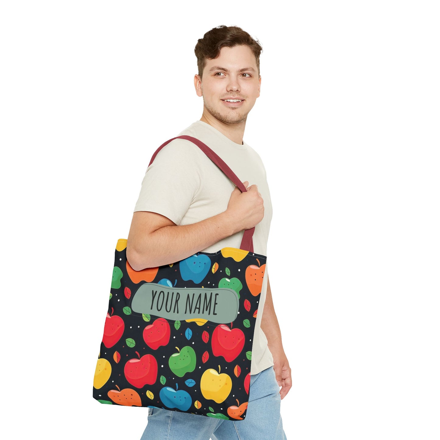 All-Over Apple Print Personalized Tote Bag — Durable Everyday Carry (3 Sizes, 5 Handle Colors)