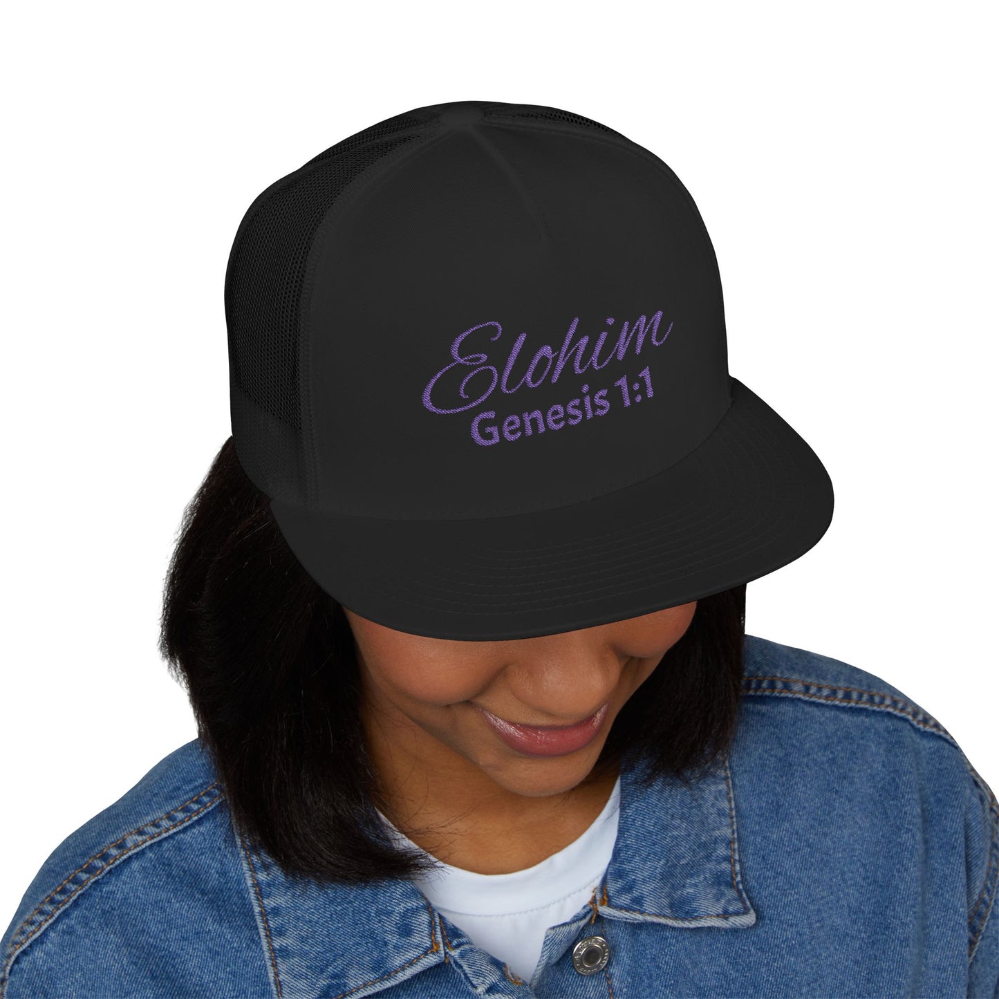 Purple 'ELOHIM, GENESIS 1:1'  Embroidered 5 Panel Trucker Cap | Casual Style Hat, Adjustable, Unisex, Perfect Gift for Outdoors, Festivals, Daily Wear