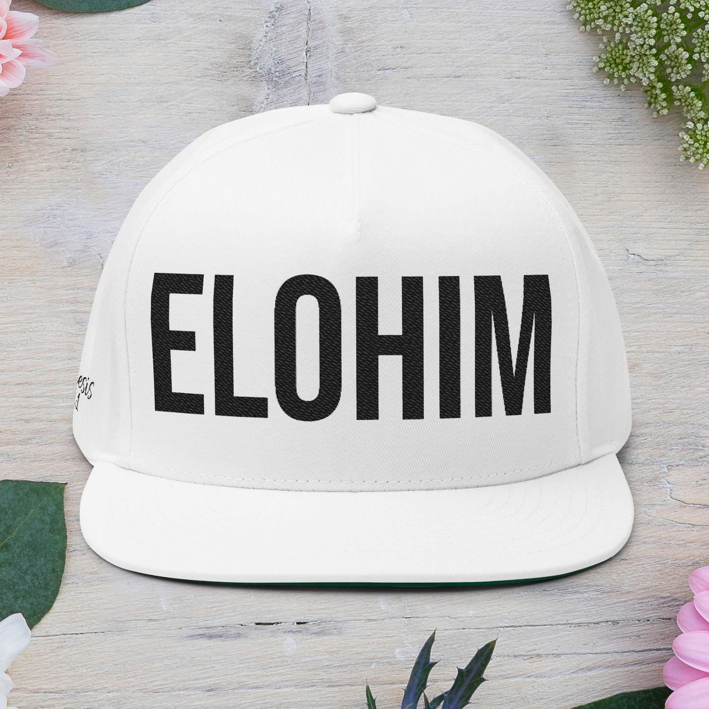 Stylish Flat Bill Cap with ELOHIM GENESIS 1:1 Embroidery - Perfect for Christian Occasion, Trendy Hat for Men and Women, Gift for Graduations, Summer Cap.