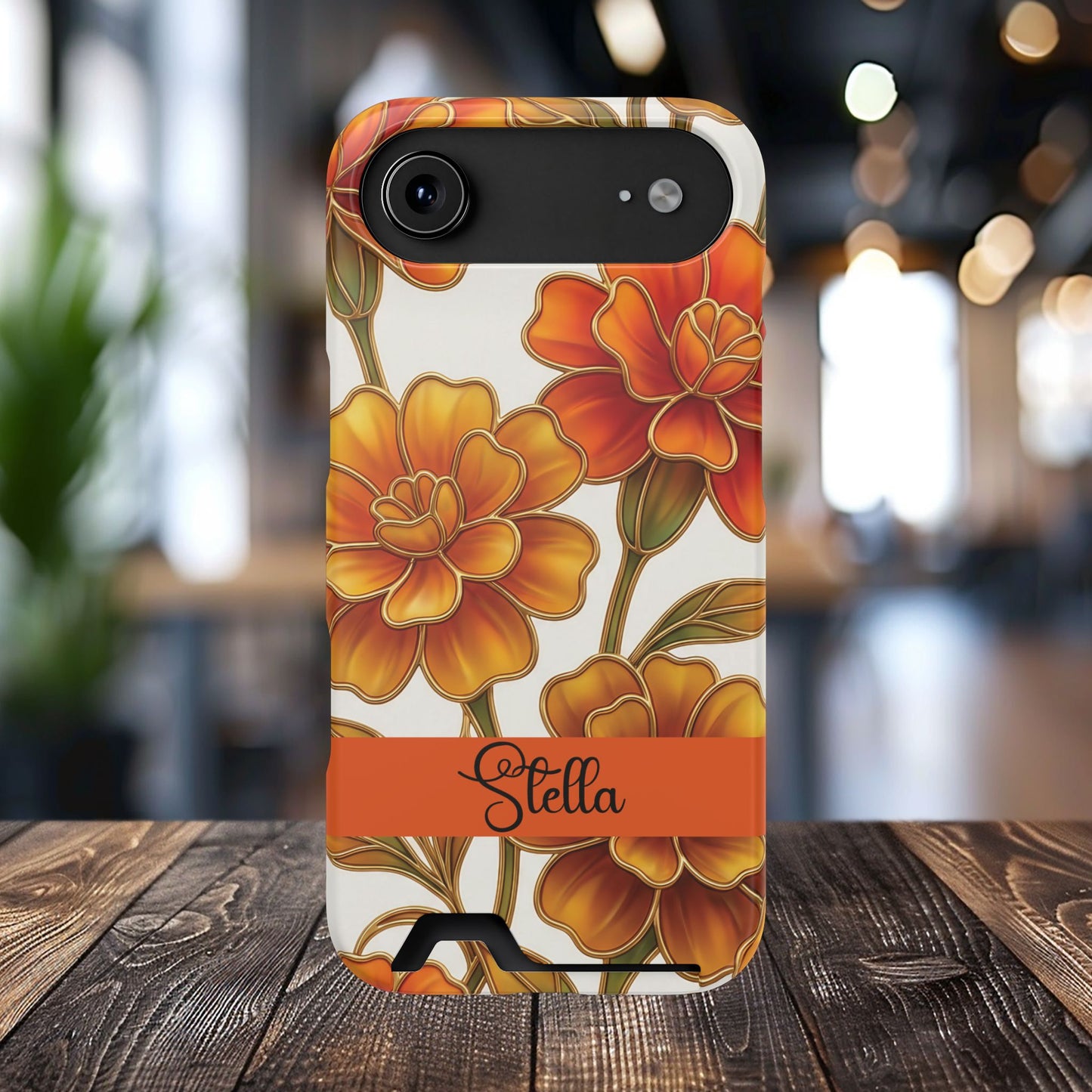 Personalized Orange Stained Glass Effect Marigold Floral Cardholder iPhone and Samsung Case
