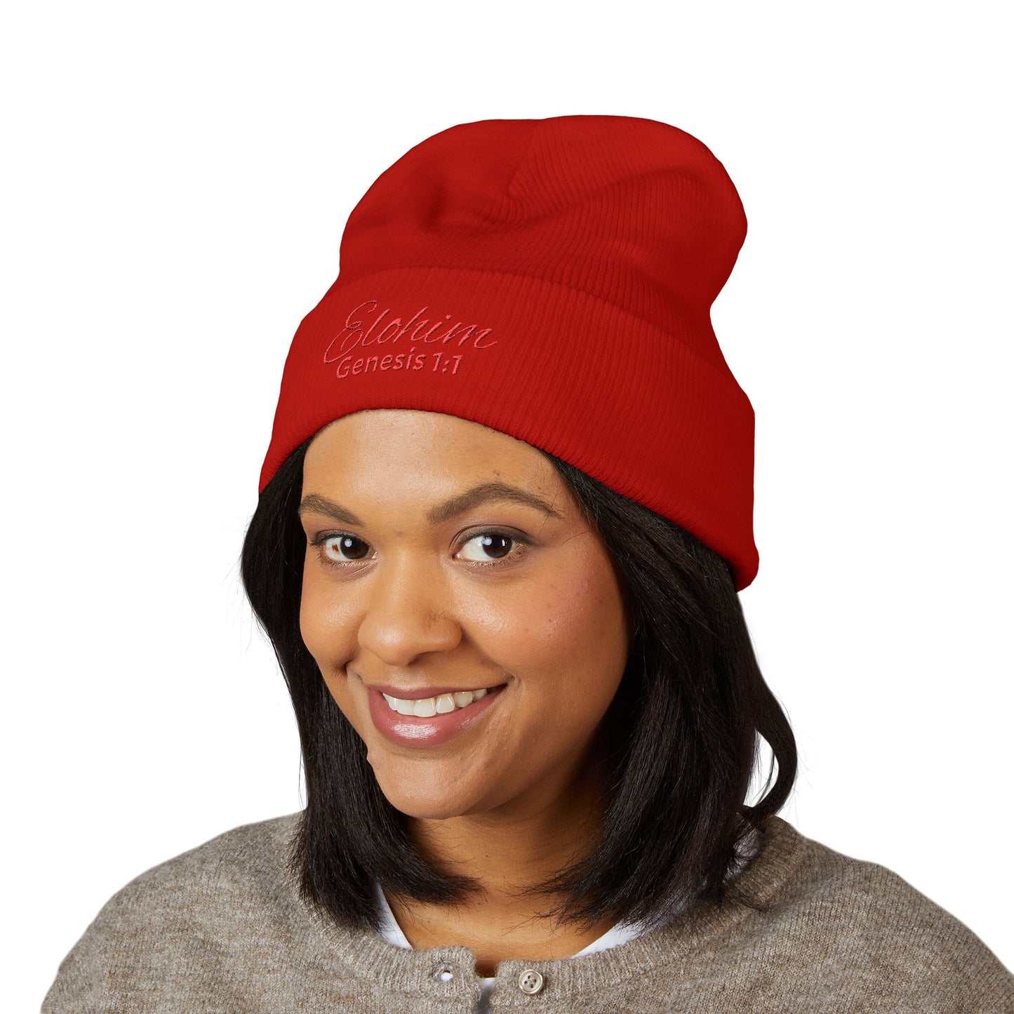 Red Embroidered 'ELOHIM, GENESIS 1:1' Classic Cuffed Beanie - Cozy Winter Hat, Streetwear Accessory, Personalized Gifts, Religious Apparel, Unisex Beanie