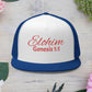 Red 'ELOHIM, GENESIS 1:1'  Embroidered 5 Panel Trucker Cap | Casual Style Hat, Adjustable, Unisex, Perfect Gift for Outdoors, Festivals, Daily Wear