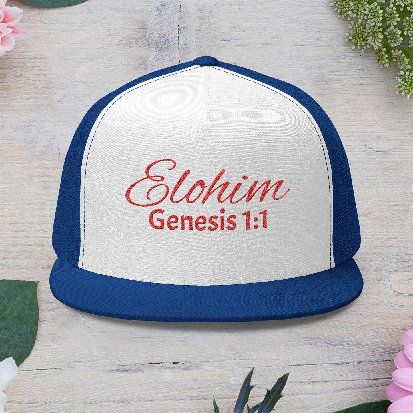 Red 'ELOHIM, GENESIS 1:1'  Embroidered 5 Panel Trucker Cap | Casual Style Hat, Adjustable, Unisex, Perfect Gift for Outdoors, Festivals, Daily Wear