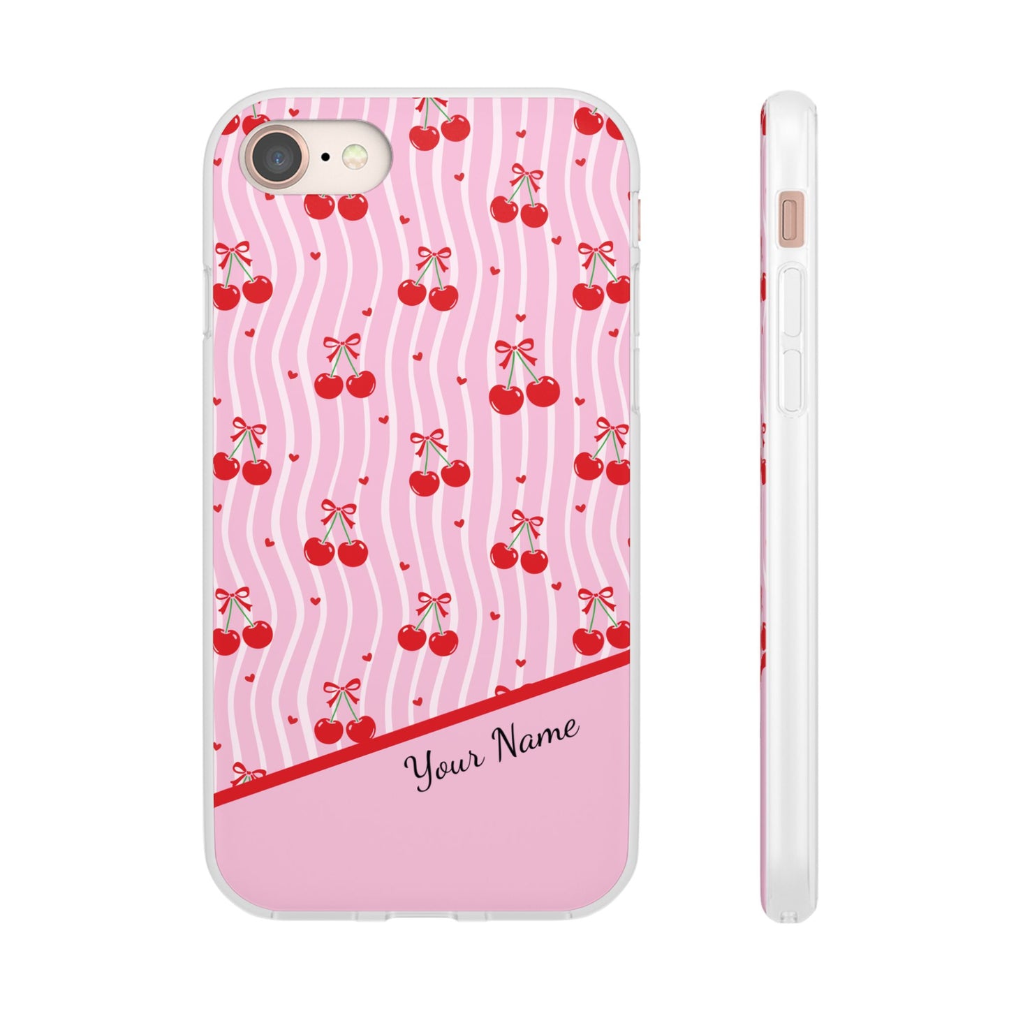 Personalized Cherry Blossom Dreams Flexi Case — Pink Retro Cherry iPhone® 7/8, 11, 12, 13, 14, 15, 16, 17, X/XS, SE, XR, Mini, Pro, Pro Max, Plus Cases.