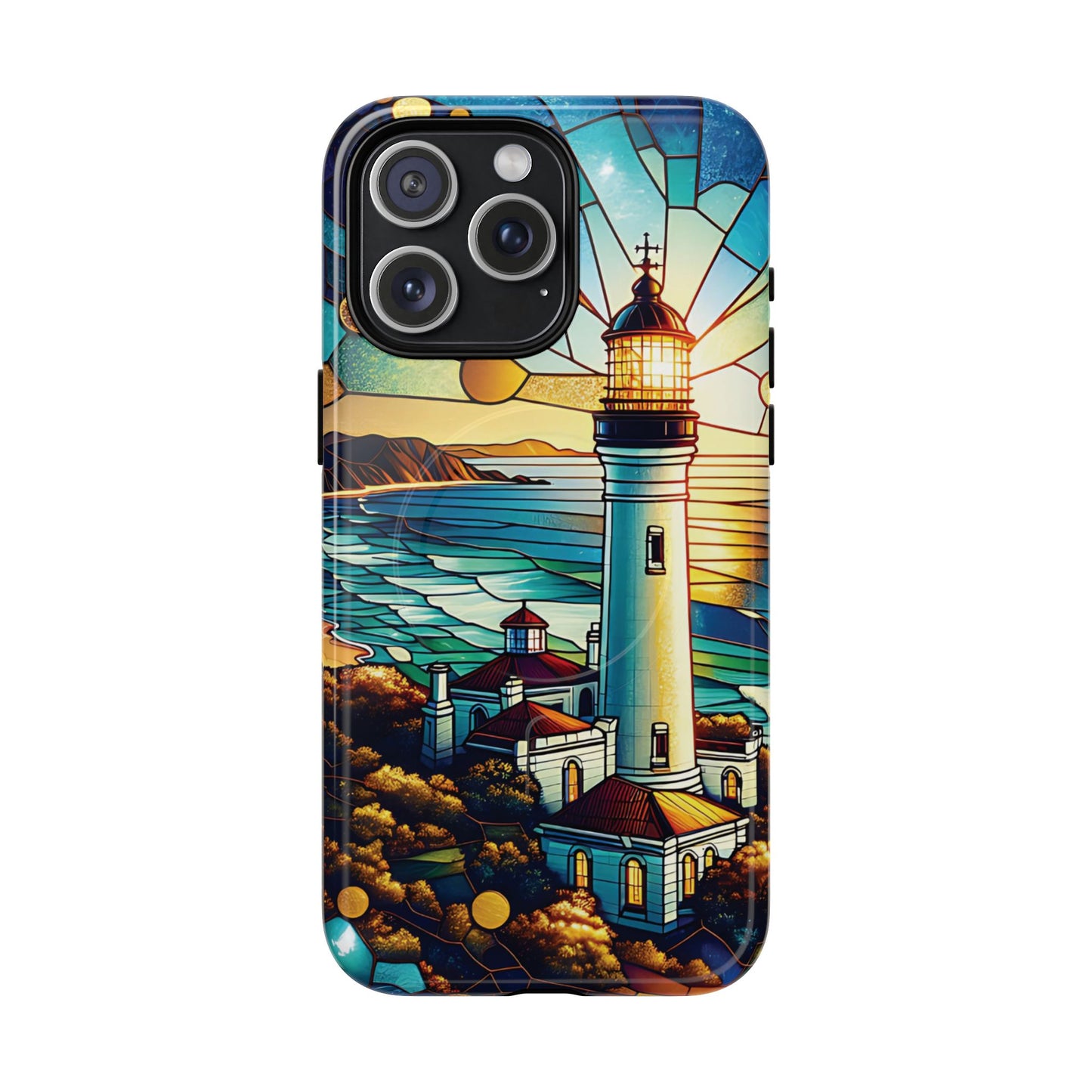 Stained Glass Lighthouse Phone Case - Tough Magnetic Cases, Unique Gifts for Nature Lovers, Beach Vibes, Travel Accessories, Coastal Decor