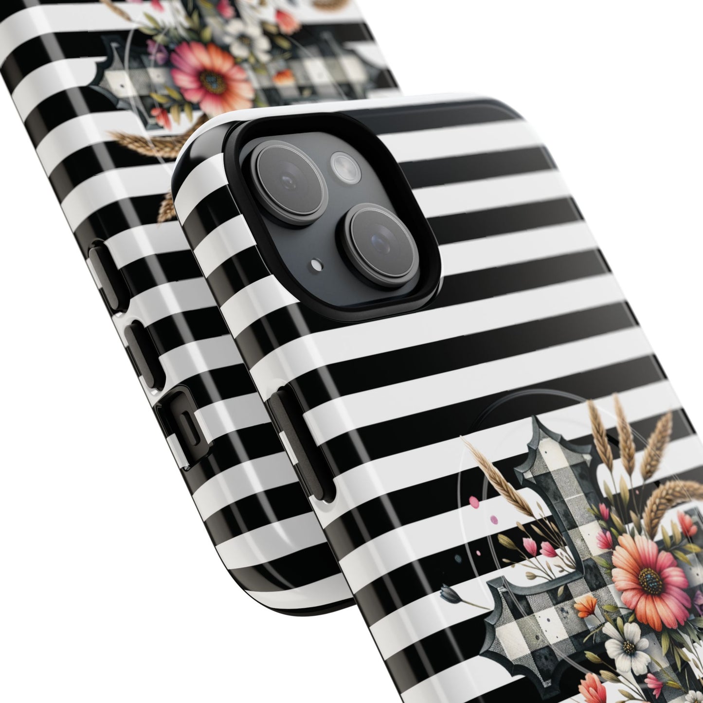 Grace in Bloom Tough Magnetic iPhone Case with Floral Cross Design, Boho iPhone Cover, Striped iPhone Case, Unique Religious Gift, Trendy Cell iPhone Accessory.