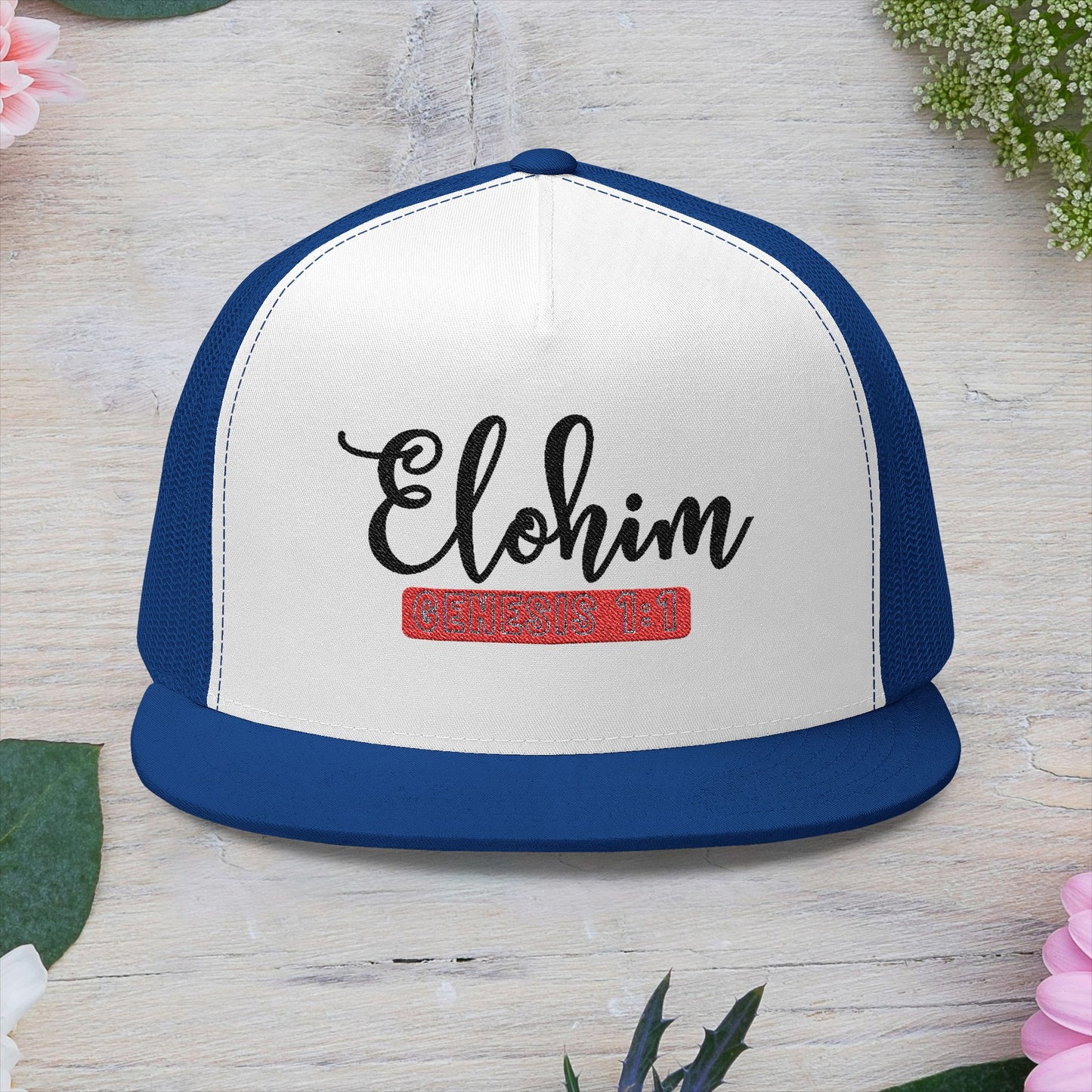 'ELOHIM, GENESIS 1:1'  Embroidered 5 Panel Trucker Cap | Casual Style Hat, Adjustable, Unisex, Perfect Gift for Outdoors, Festivals, Daily Wear