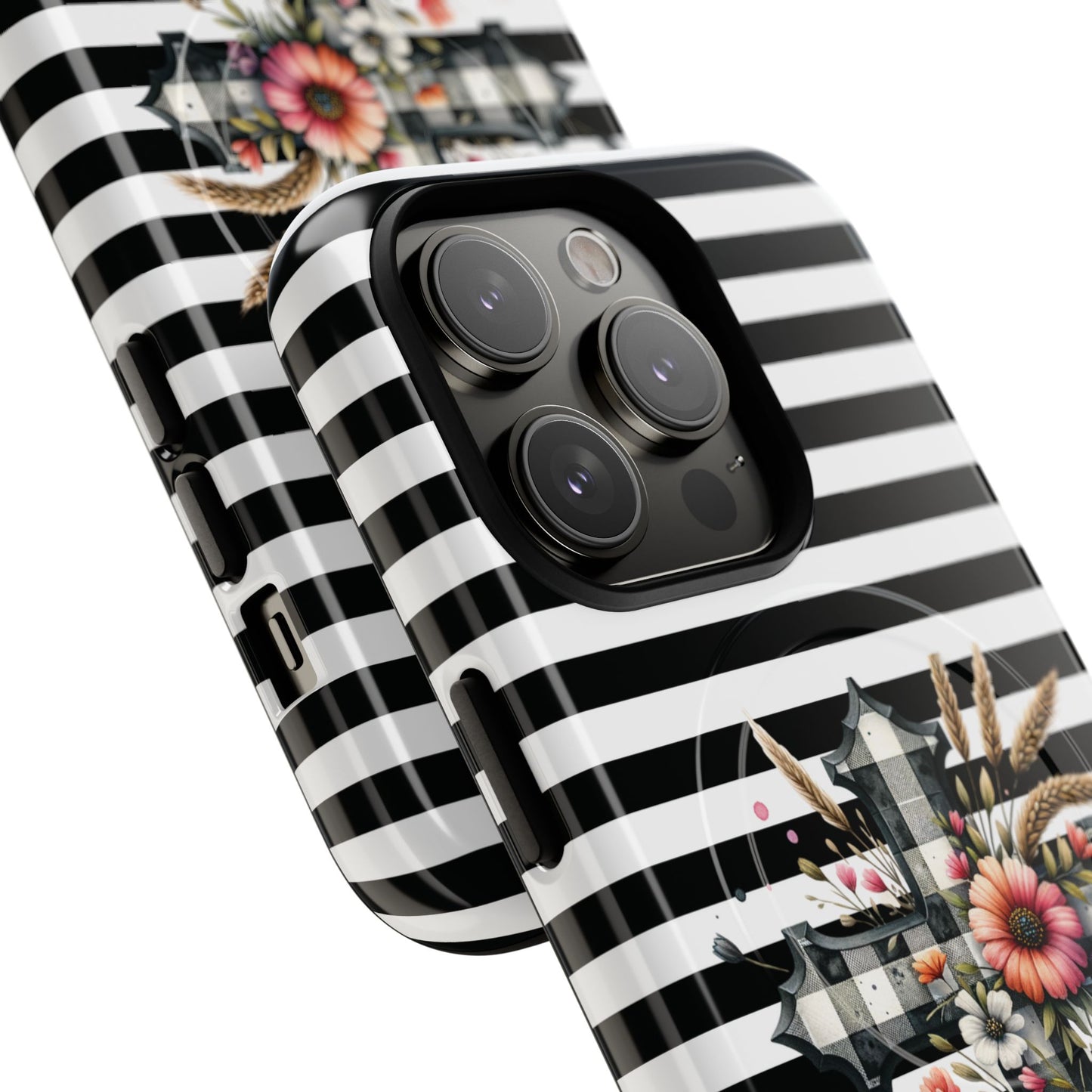 Grace in Bloom Tough Magnetic iPhone Case with Floral Cross Design, Boho iPhone Cover, Striped iPhone Case, Unique Religious Gift, Trendy Cell iPhone Accessory.