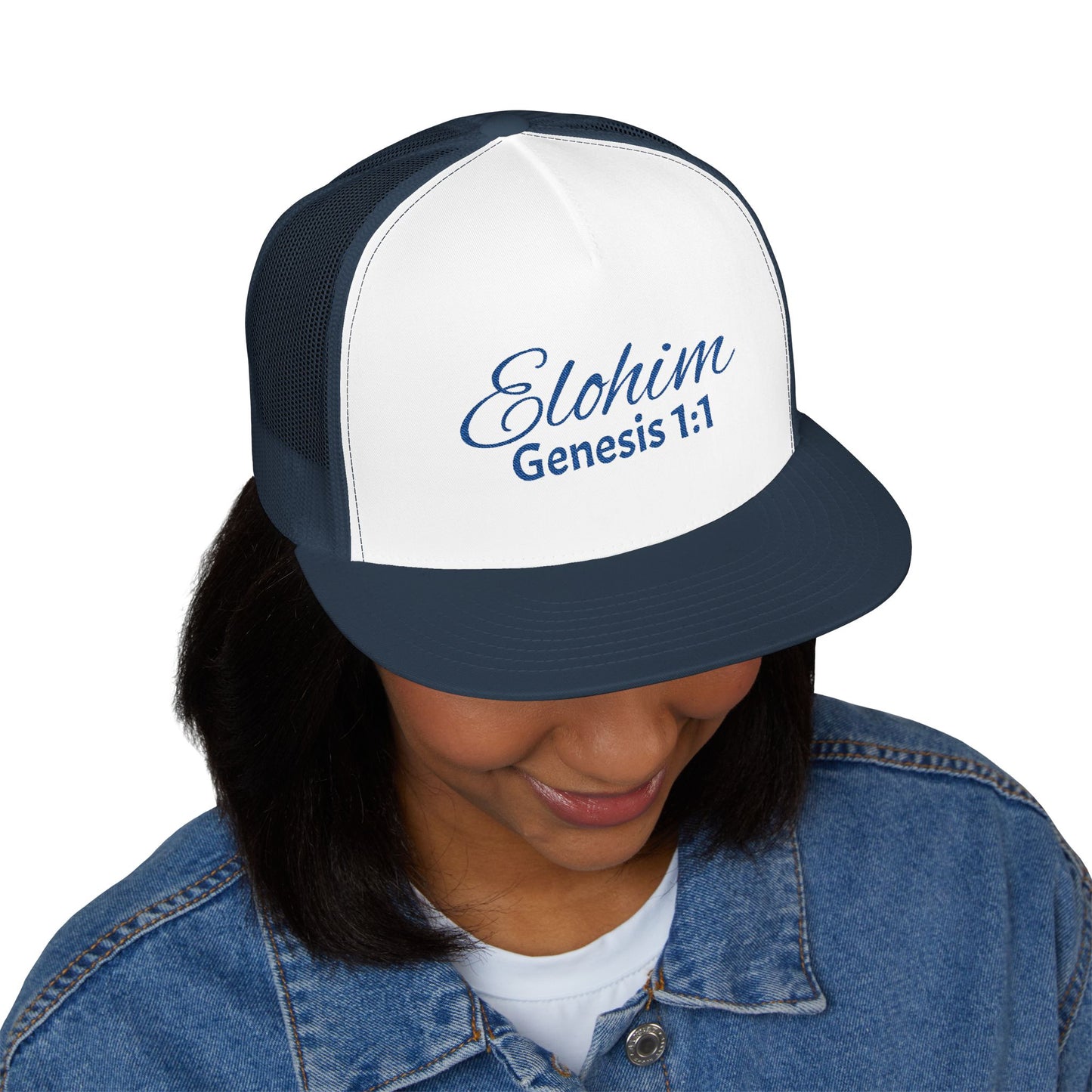 Navy 'ELOHIM, GENESIS 1:1'  Embroidered 5 Panel Trucker Cap | Casual Style Hat, Adjustable, Unisex, Perfect Gift for Outdoors, Festivals, Daily Wear