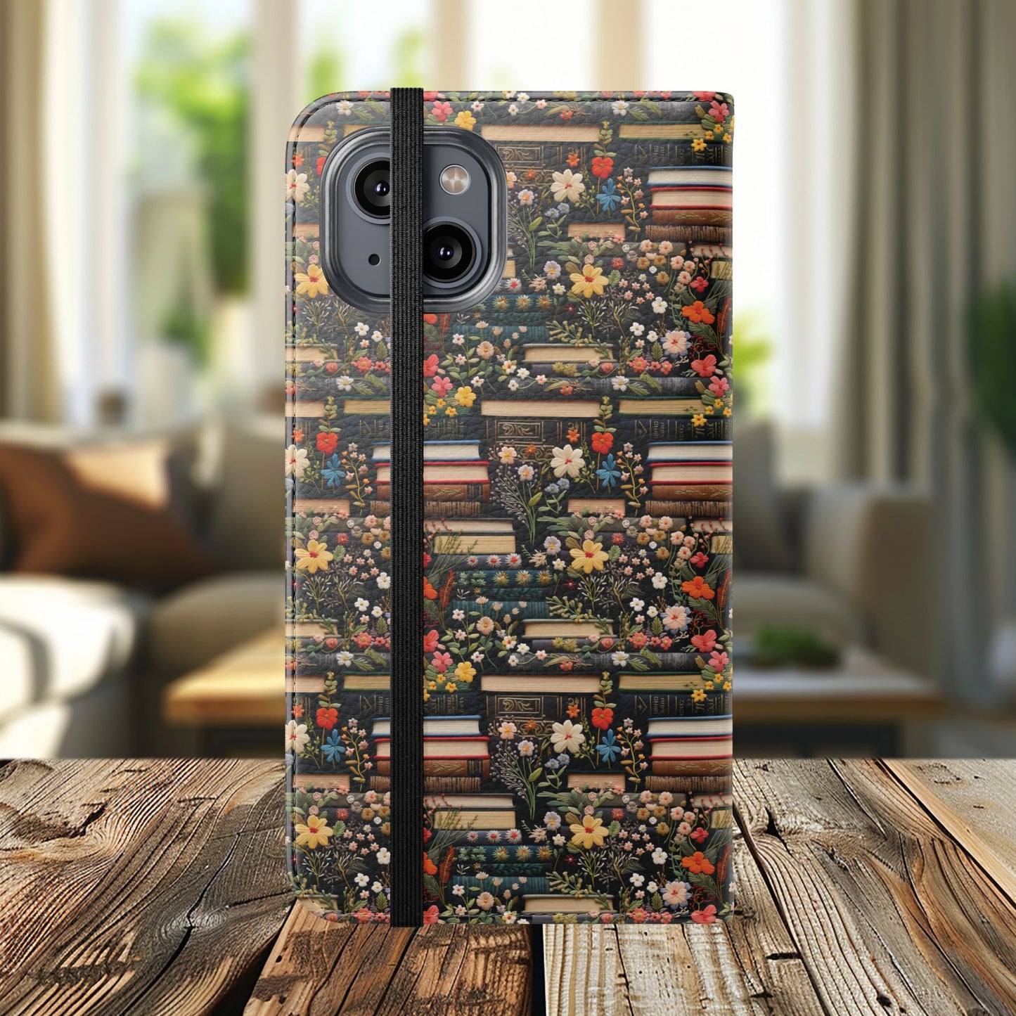 Book Stack Floral Flip iPhone and Samsung Phone Case — Vintage Library Wallet Cover.