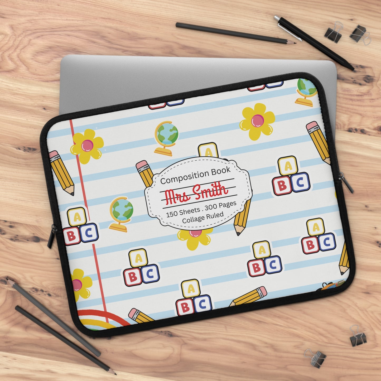 Personalized White SchoolYard Chic Laptop Sleeve with Composition Book Inspired Design, Customizable Tech Case, School Supplies, Gift for Students, College Essentials, Back to School