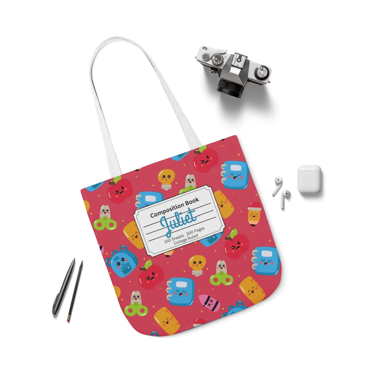 Personalized Kawaii Composition Book Inspired Canvas Tote Bag with Colorful Straps, Cute School Bag, Eco-Friendly Tote, Back to School Shopping Bag, Teacher Gift Idea