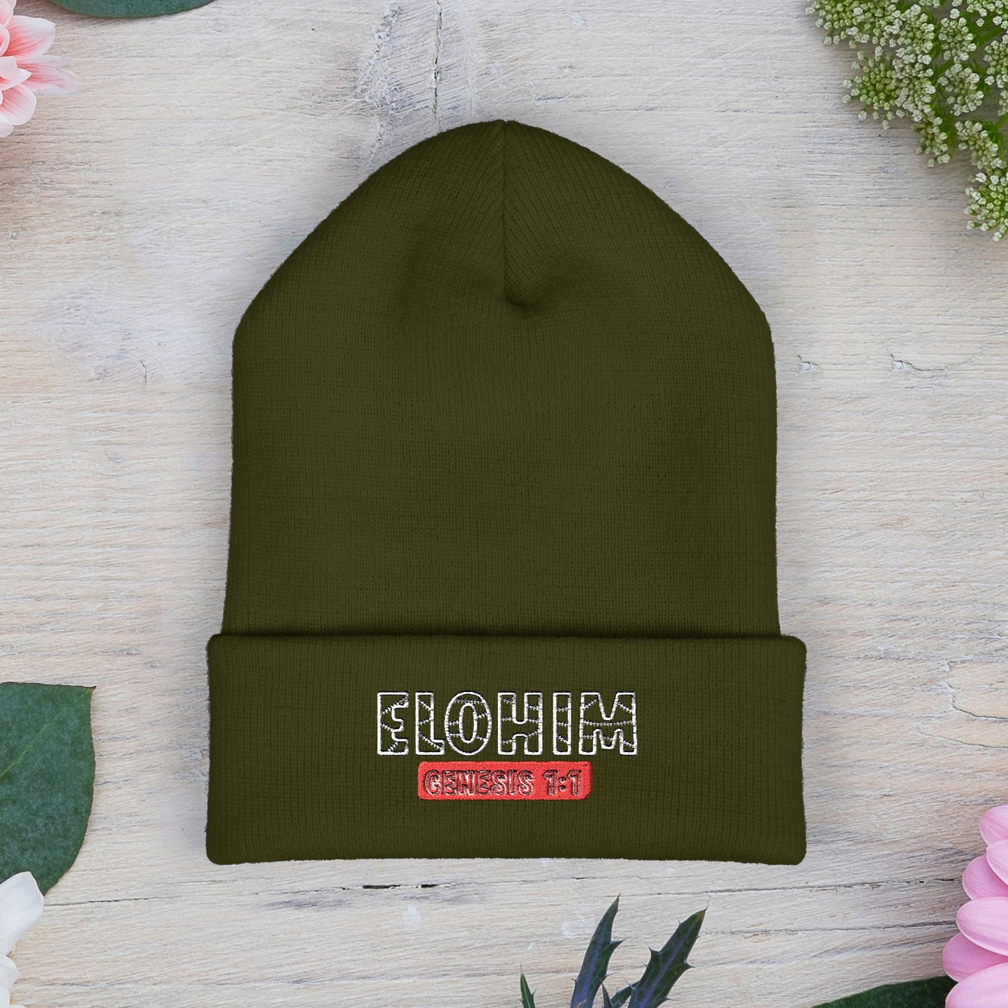 Embroidered 'ELOHIM, GENESIS 1:1' Classic Cuffed Beanie - Cozy Winter Hat, Streetwear Accessory, Personalized Gifts, Religious Apparel, Unisex Beanie