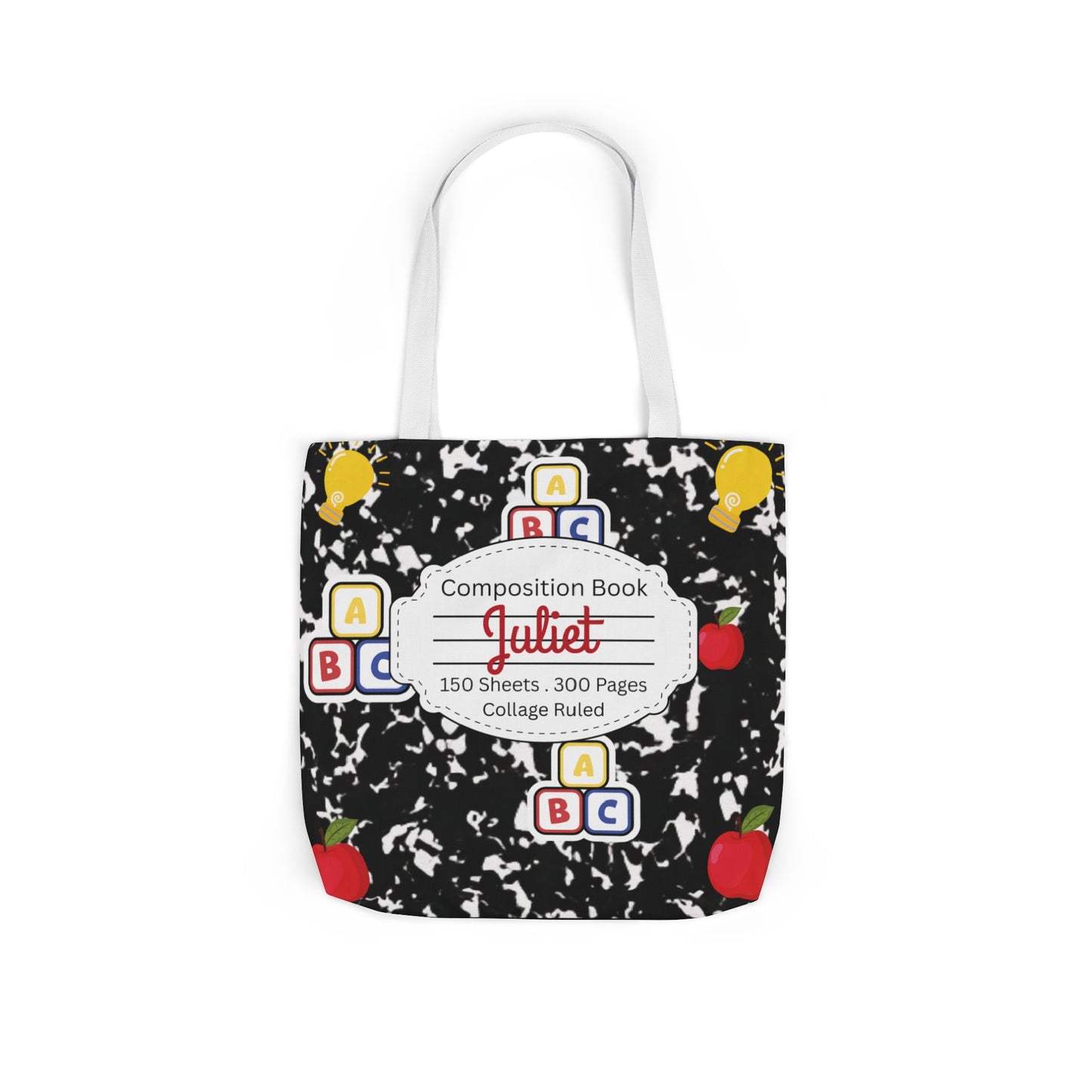 Personalized Black Composition Book Inspired Canvas Tote Bag with Colorful Straps, Cute School Bag, Eco-Friendly Tote, Back to School Shopping Bag, Teacher Gift Idea