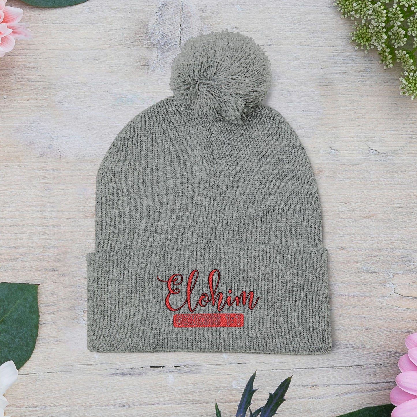 Red Pom-Pom Knit Cap with 'ELOHIM, GENESIS 1:1'  Embroidery Beanie - Stylish Winter Accessory for All Ages, Perfect Gift for Birthdays, Holidays, and Outdoor Activities