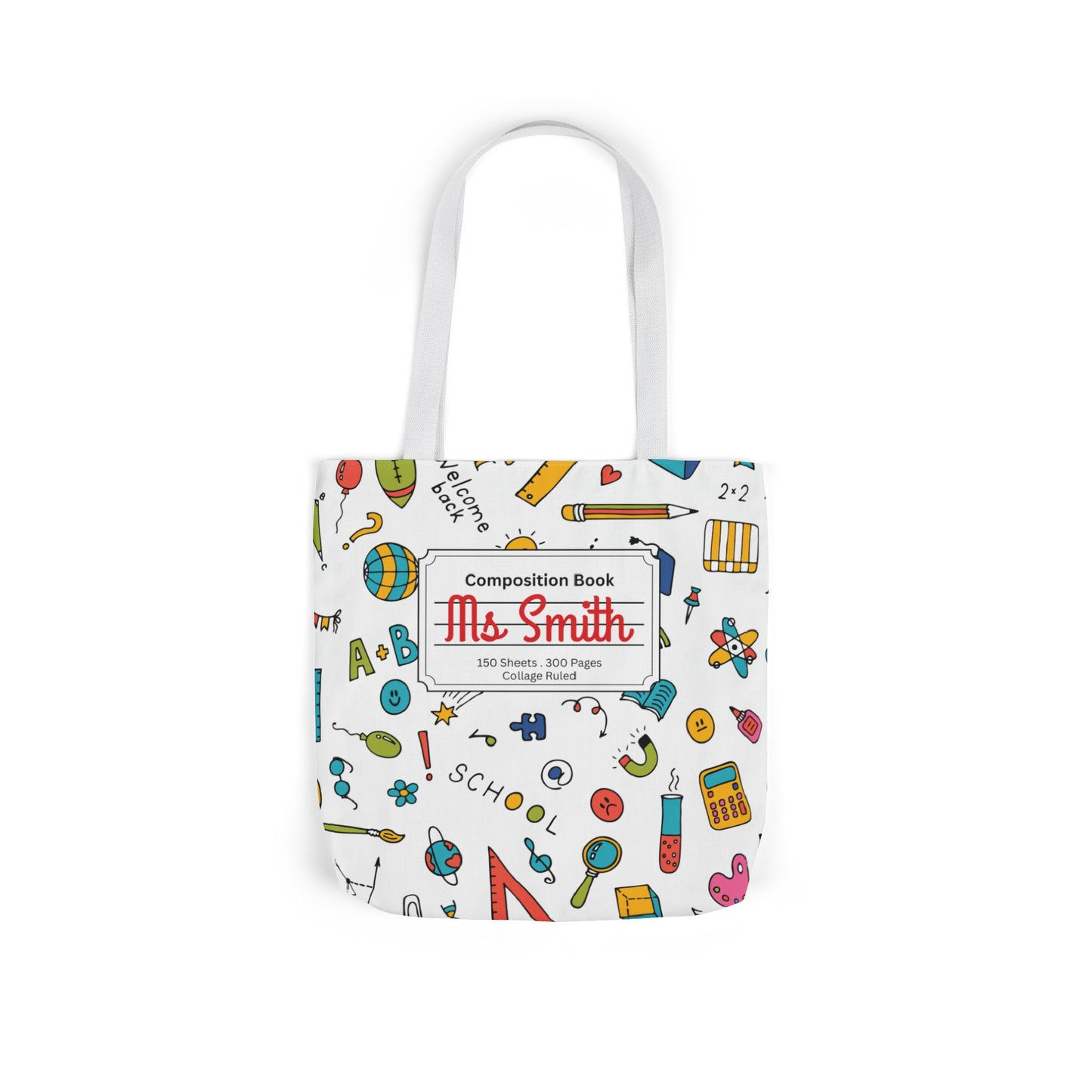 Personalized Classroom Couture Composition Book Inspired Canvas Tote Bag with Colorful Straps, Cute School Bag, Eco-Friendly Tote, Back to School Shopping Bag, Teacher Gift Idea