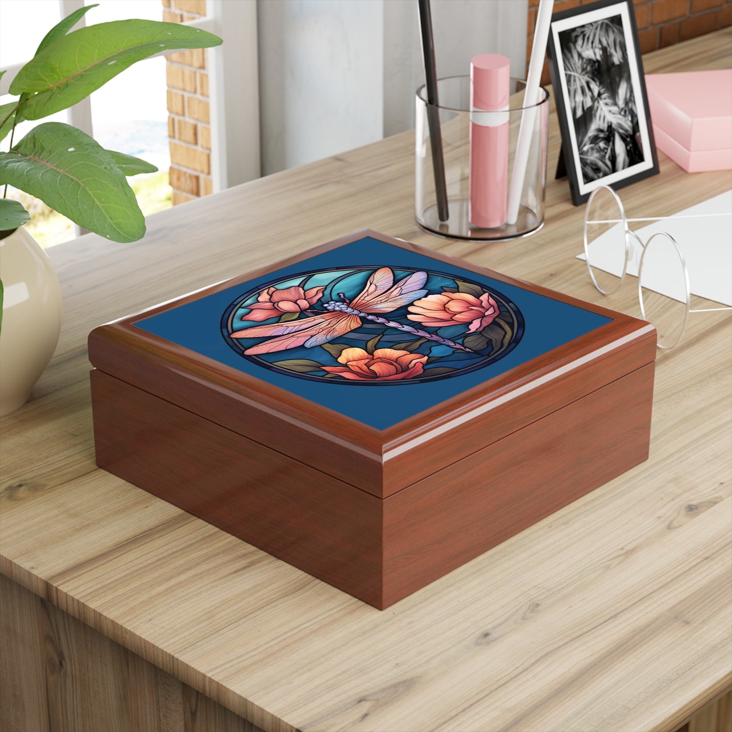 Dragonfly Floral Jewelry Box — Stained-Glass Style Trinket Keepsake
