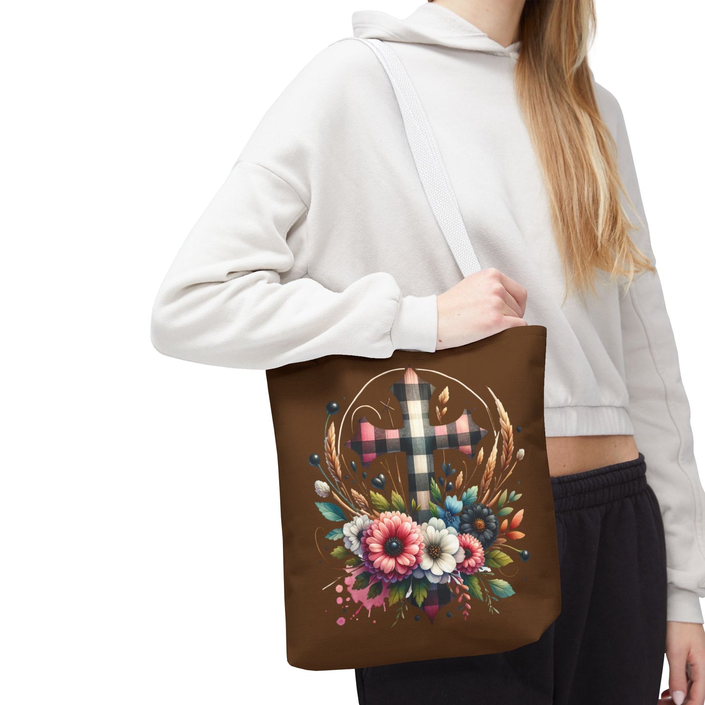 Faith and Floral Cross Heart Tote Bag