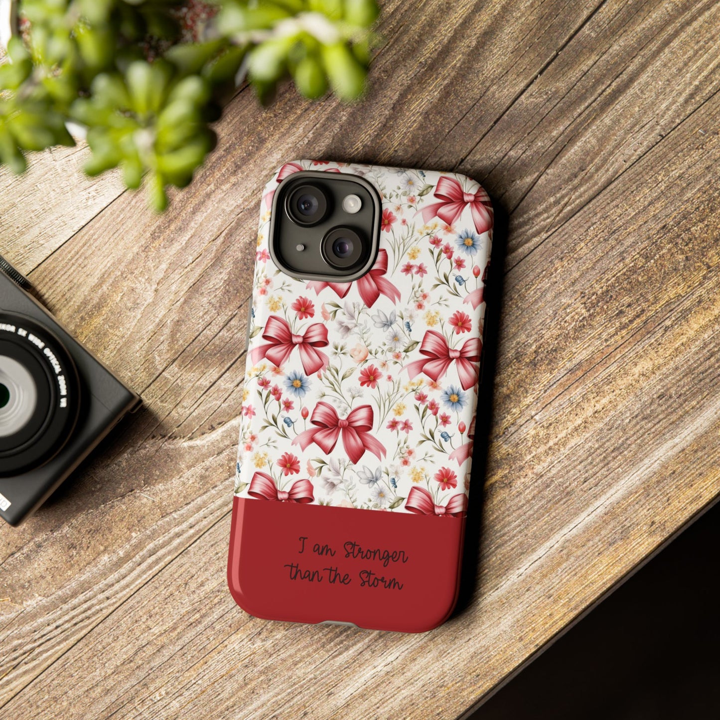 Personalized Rosette Coquette Phone Case - Custom Name/Message 'I Am Stronger Than The Storm' Floral Bow Protective Case
