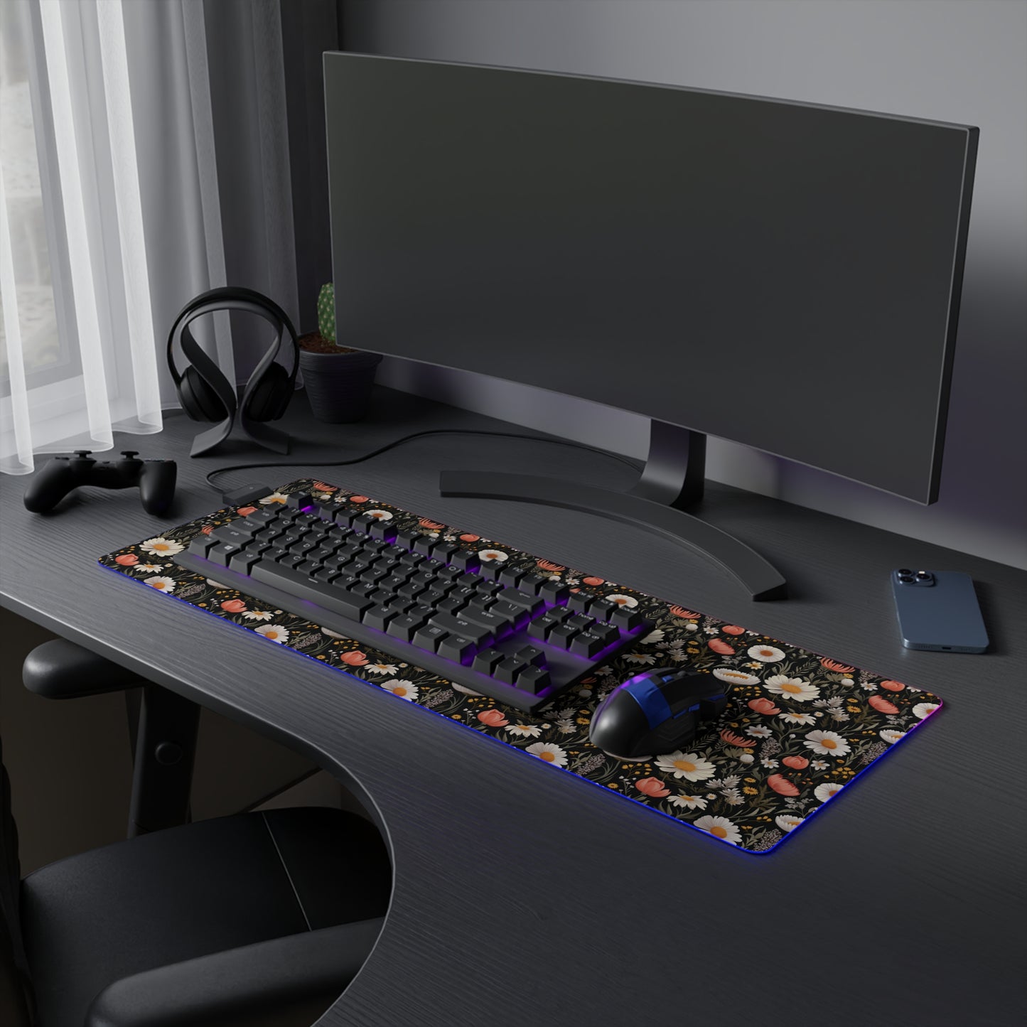 Blossom Elegance: Noir Garden LED Gaming Mouse Pad