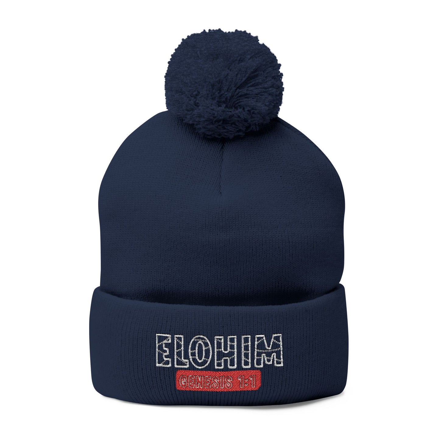 Cozy Pom-Pom Knit Cap with 'ELOHIM, GENESIS 1:1'  Embroidery Beanie - Stylish Winter Accessory for All Ages, Perfect Gift for Birthdays, Holidays, and Outdoor Activities