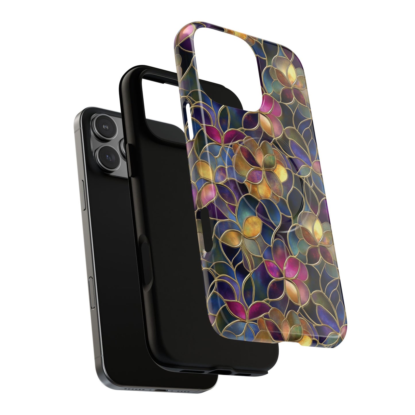 Chromatic Bloom Tough iPhone Magnetic Case, Tough iPhone Cover, Floral iPhone Accessory, Birthday Gift, Elegant Tech Decor, MagSafe Stained Glass Pattern.