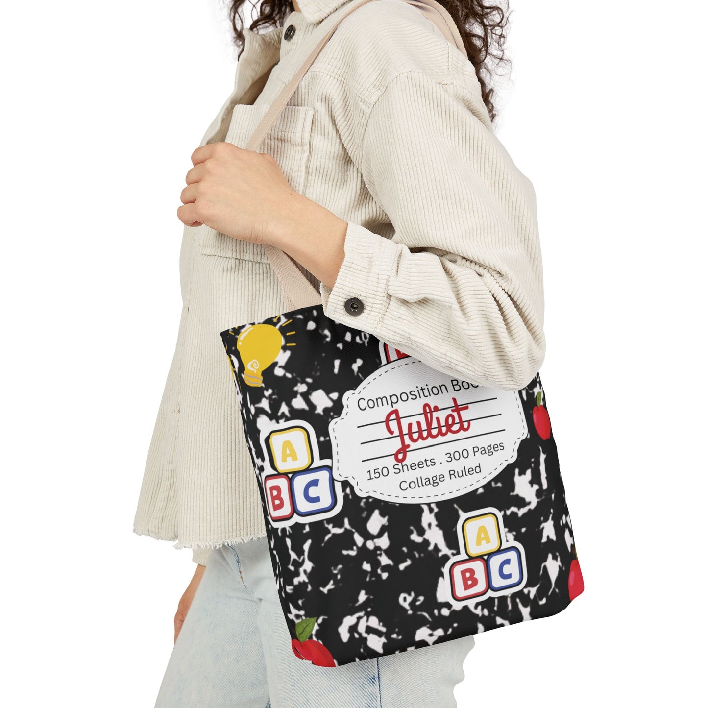 Personalized Black Composition Book Inspired Canvas Tote Bag with Colorful Straps, Cute School Bag, Eco-Friendly Tote, Back to School Shopping Bag, Teacher Gift Idea