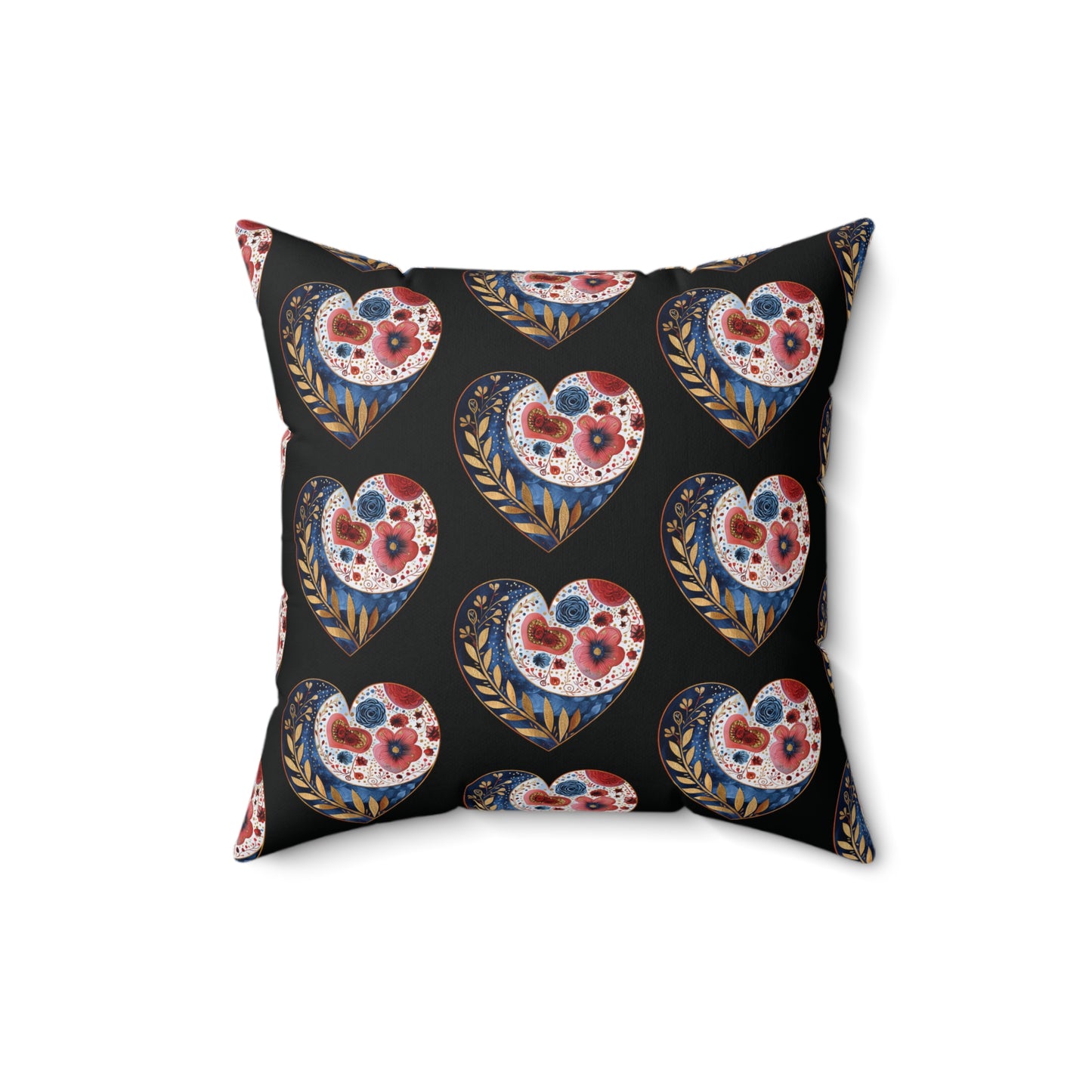 Black Floral Heart Spun Polyester Square Pillow