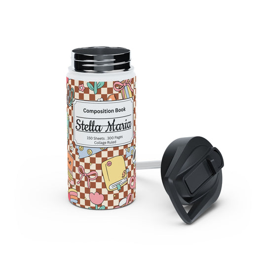 Personalized Brown Doodle Daydream Composition Book Inspired Stainless Steel Water Bottle for Kids, School Supplies, Eco-Friendly Drinkware, Back to School, Teacher Gifts