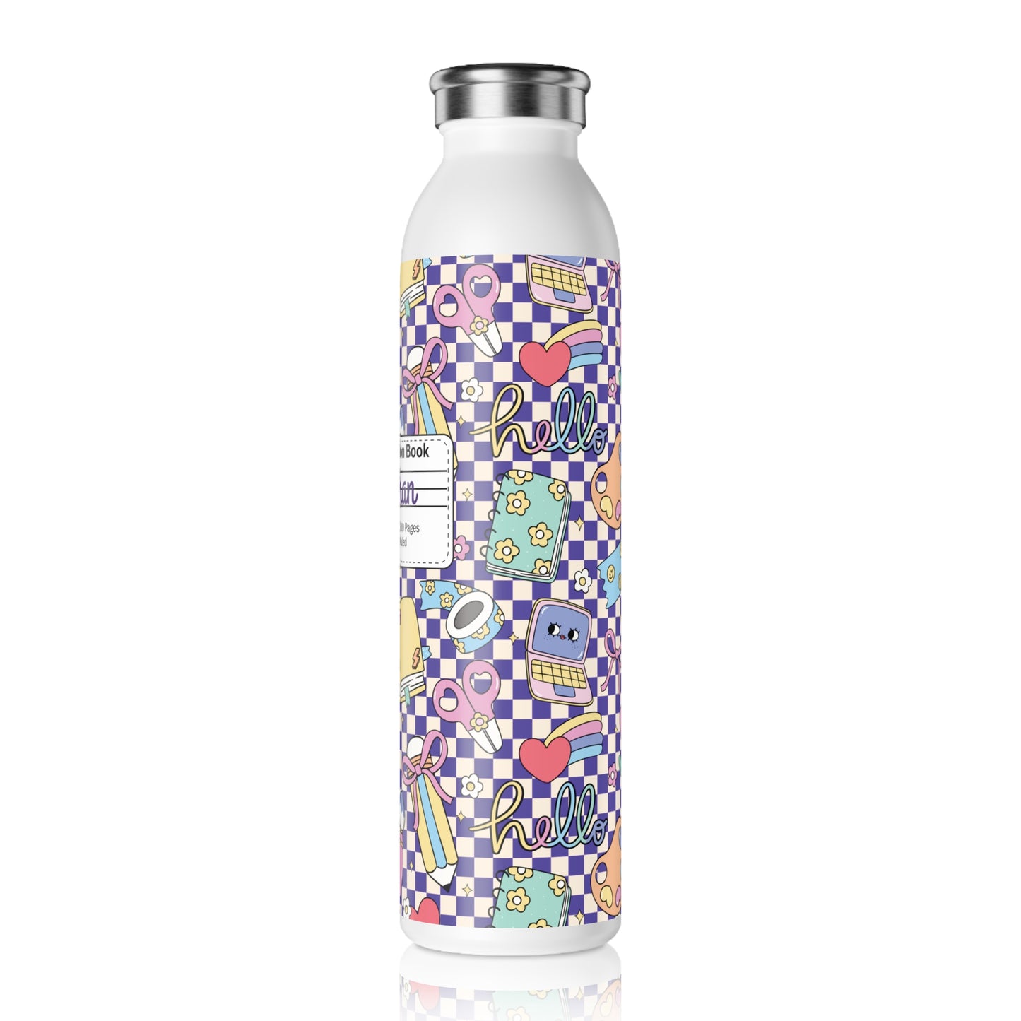 Personalized Composition Purple Doodle Daydream Book Inspired Slim Water Bottle, Customizable Drinkware, Eco-Friendly Hydration Bottle, Perfect for Gifts, School Supplies, Back to School