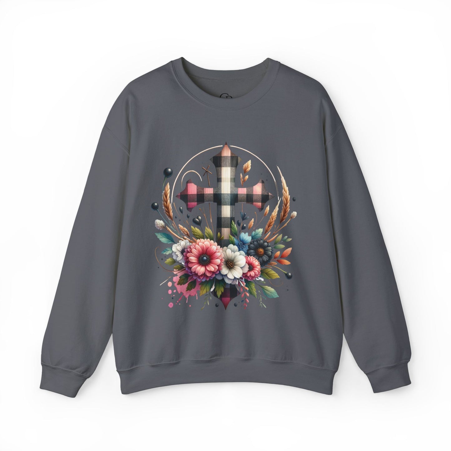 Faith and Floral Cross Unisex Heavy Gildan Blend™ Crewneck Sweatshirt.