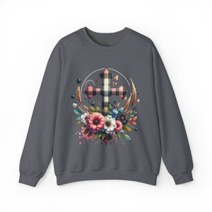 Faith and Floral Cross Unisex Heavy Gildan Blend™ Crewneck Sweatshirt.