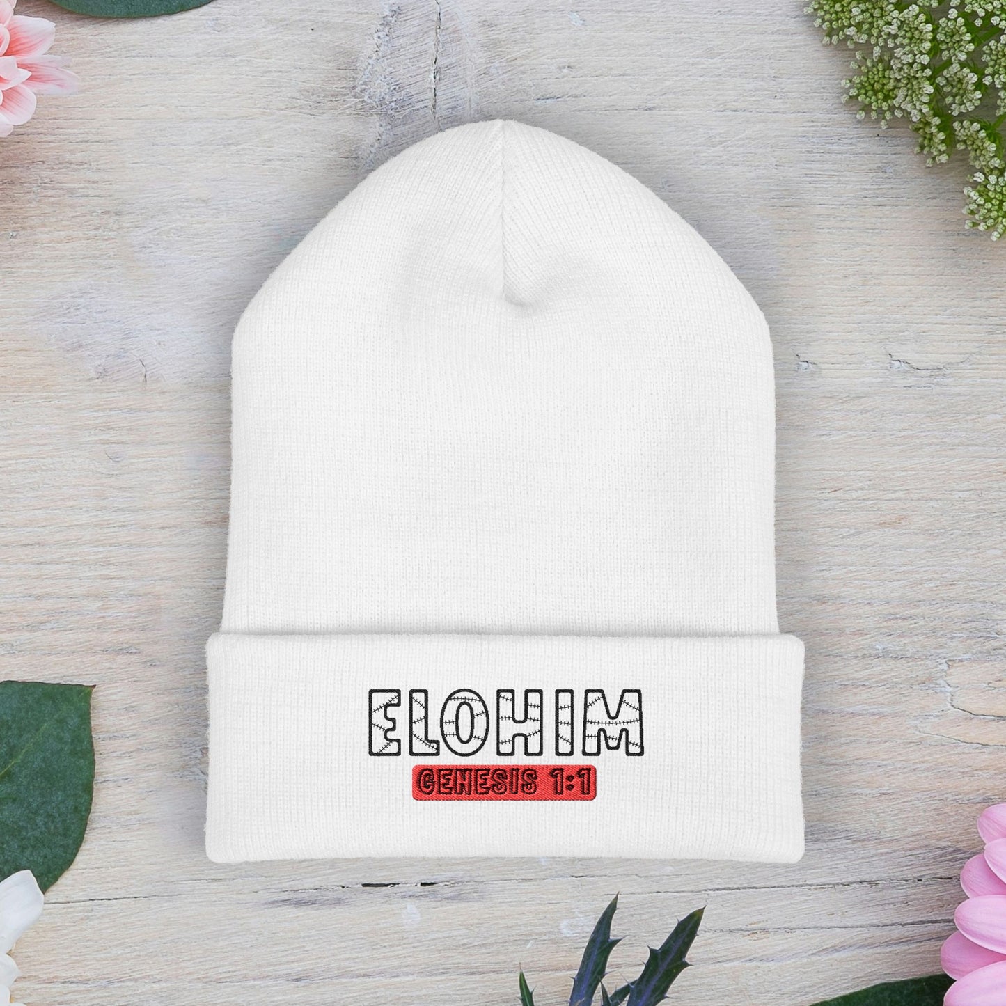 Embroidered 'ELOHIM, GENESIS 1:1' Classic Cuffed Beanie - Cozy Winter Hat, Streetwear Accessory, Personalized Gifts, Religious Apparel, Unisex Beanie