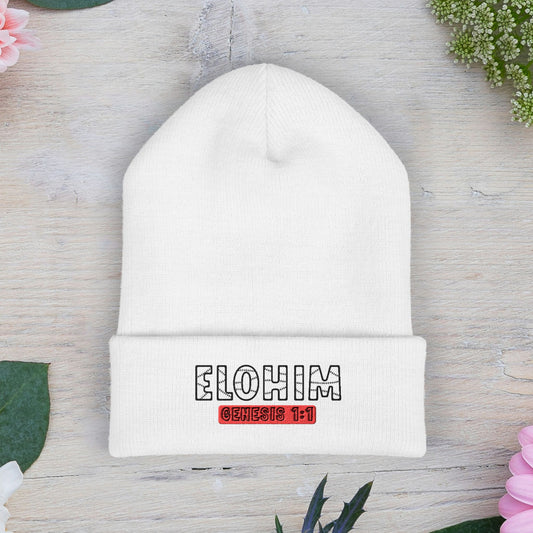 Embroidered 'ELOHIM, GENESIS 1:1' Classic Cuffed Beanie - Cozy Winter Hat, Streetwear Accessory, Personalized Gifts, Religious Apparel, Unisex Beanie