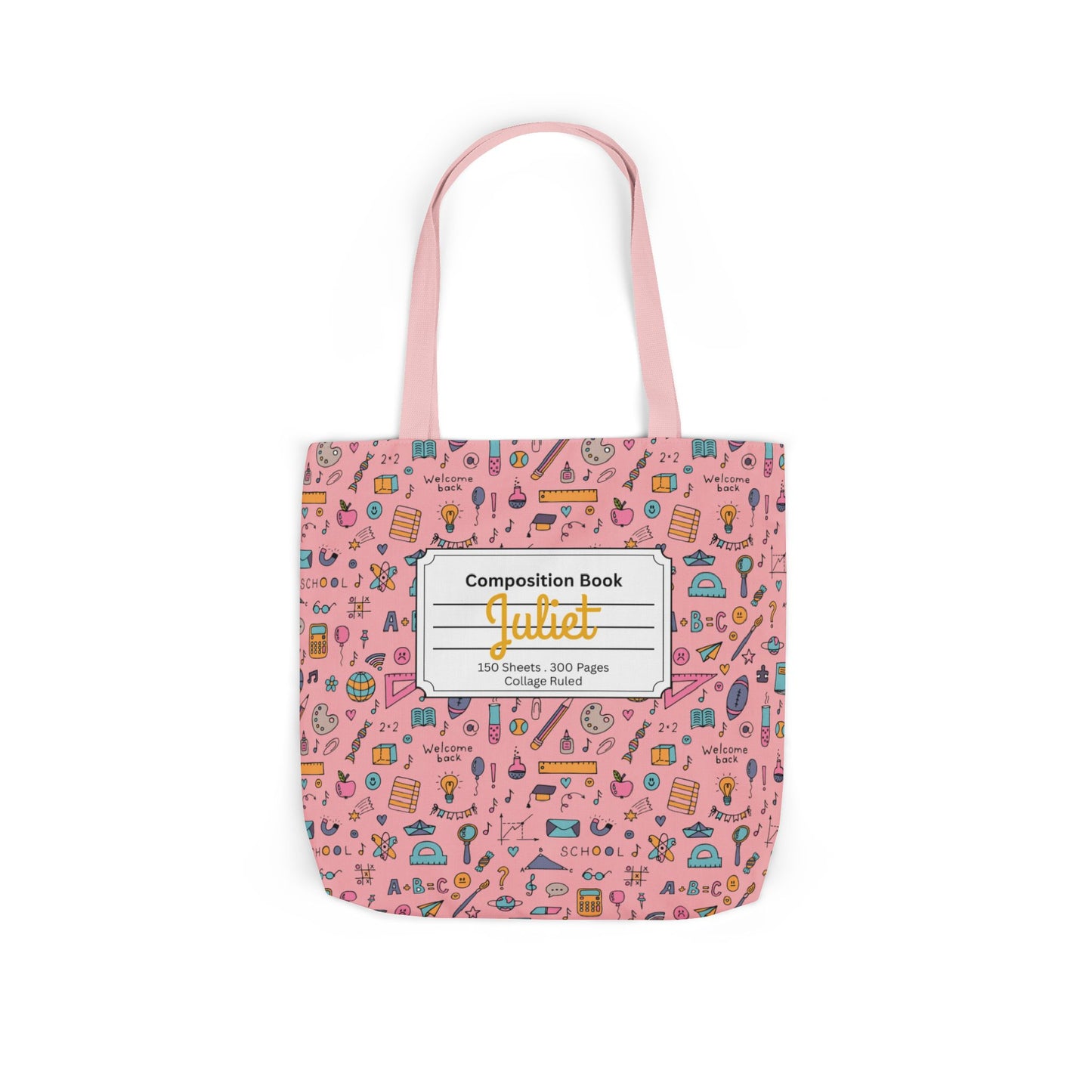Personalized Pink Chalkboard Chic Composition Book Inspired Canvas Tote Bag with Colorful Straps, Cute School Bag, Eco-Friendly Tote, Back to School Shopping Bag, Teacher Gift Idea