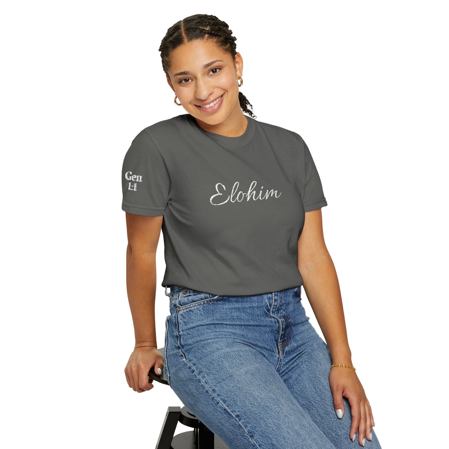 Embroidery 'ELOHIM, GENESIS 1:1' - Faith-Based Unisex Garment-Dyed Comfort Colors T-shirt, Faith Gift Tee, Religious Tee, Embroidery Tee.