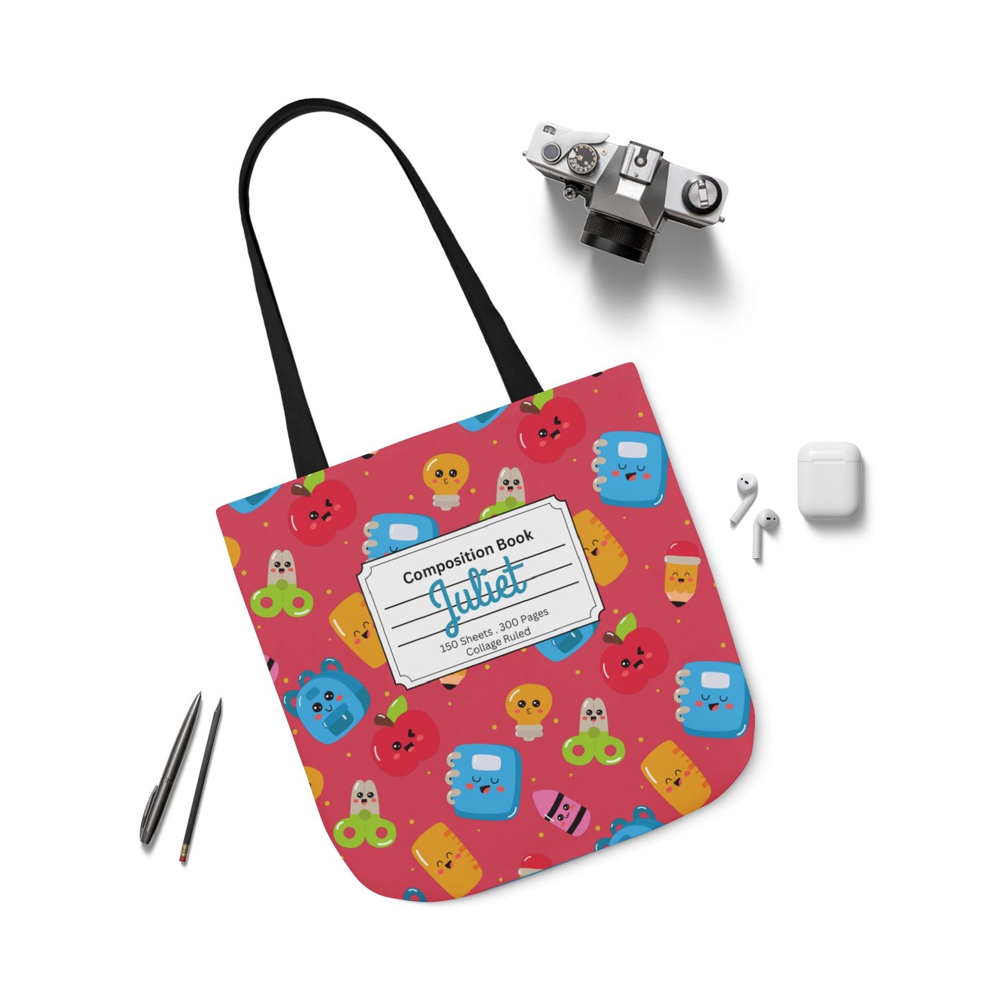 Personalized Kawaii Composition Book Inspired Canvas Tote Bag with Colorful Straps, Cute School Bag, Eco-Friendly Tote, Back to School Shopping Bag, Teacher Gift Idea