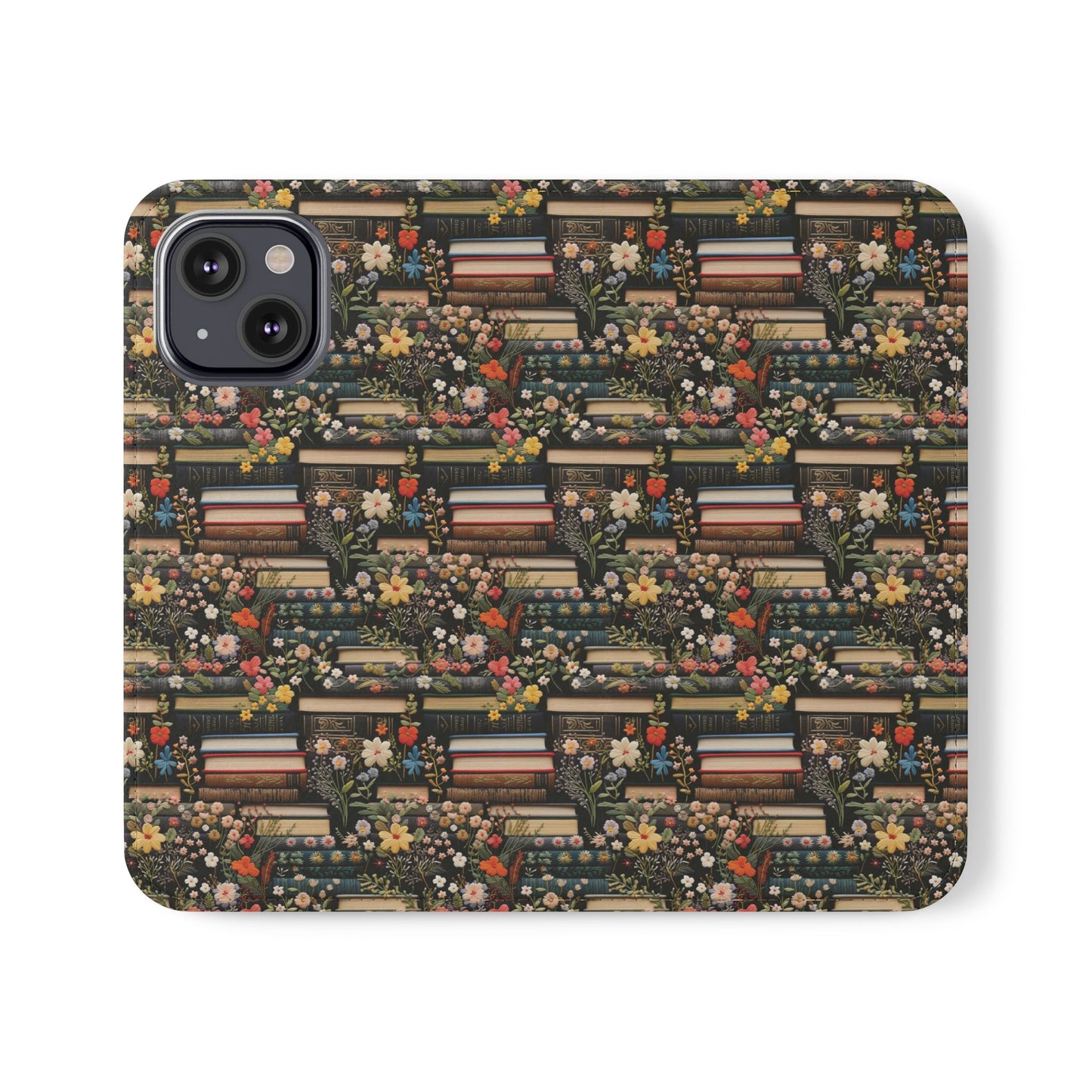 Book Stack Floral Flip iPhone and Samsung Phone Case — Vintage Library Wallet Cover.