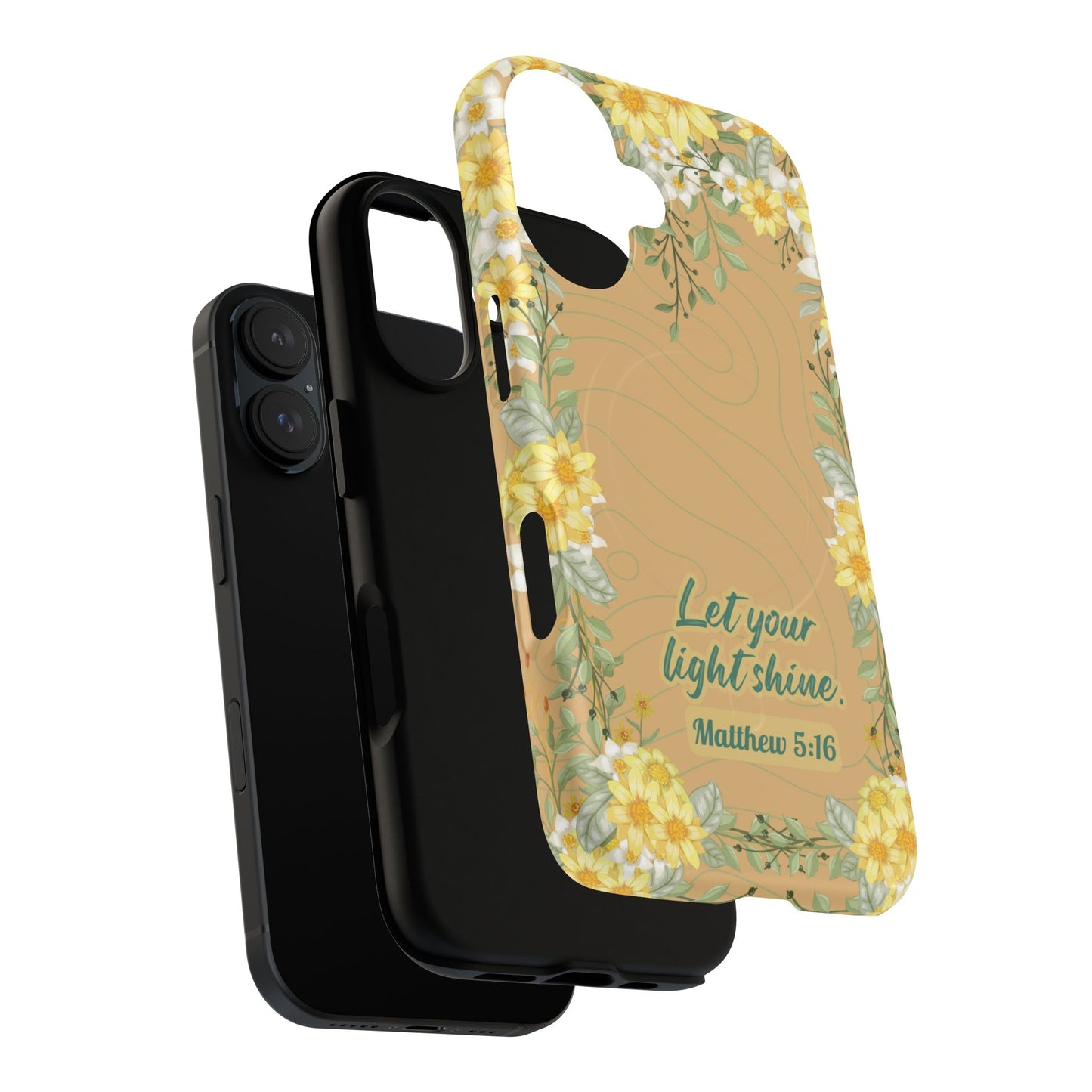 Let your Light Shine Matthew 5:16, Inspirational Gift, Tough iPhone Magnetic Case Scripture, Floral Bible Verse, MagSafe® iPhone® Tough Case, iPhone 14, iPhone 15, iPhone 16, Pro, Pro Max, Plus.