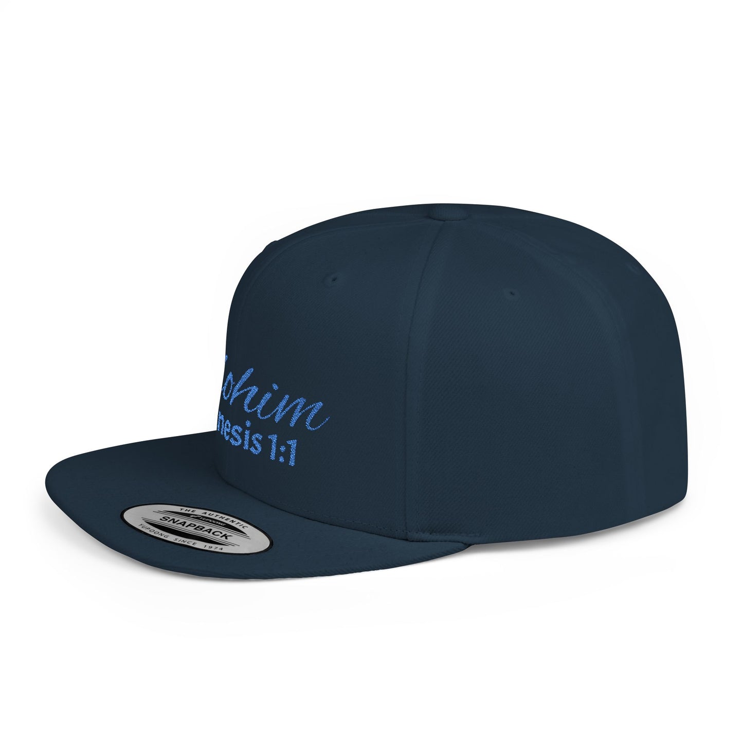 Blue Embroidery 'ELOHIM, GENESIS 1:1' Flat Bill Snapback Hat, Stylish Cap for Everyday Wear, Church Events, Gift for Him/Her, Streetwear Accessory, Casual Fashion