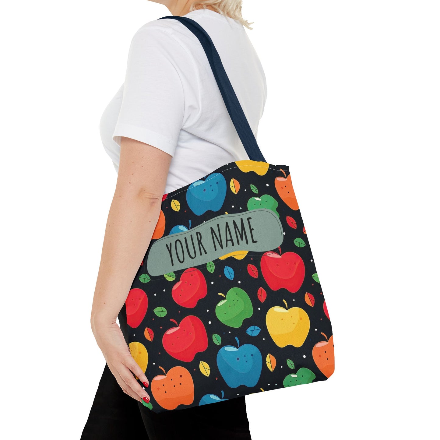 All-Over Apple Print Personalized Tote Bag — Durable Everyday Carry (3 Sizes, 5 Handle Colors)