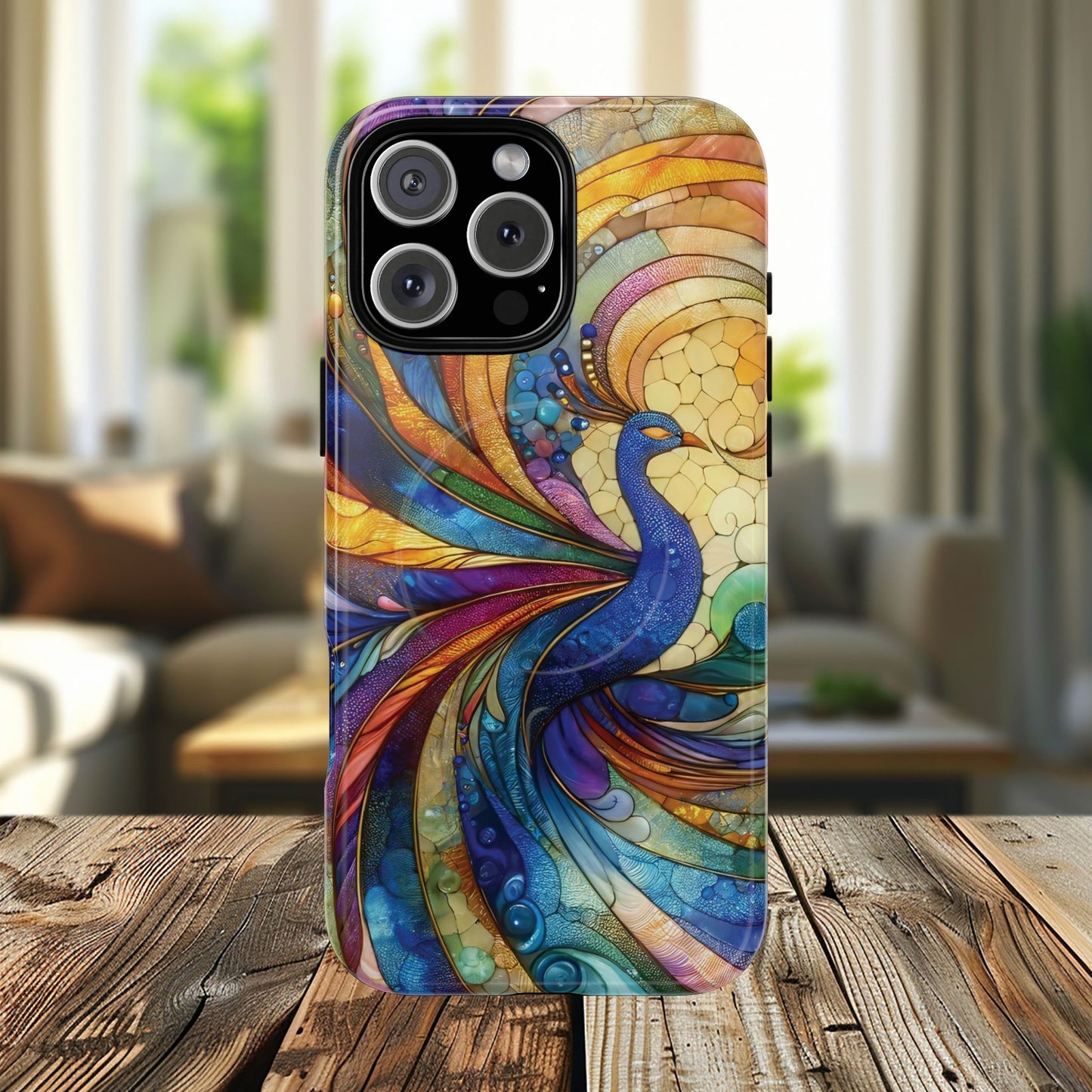 Mosaic Peacock Feathers Magnetic Phone Case, Tough Phone Shell, Vibrant Art Case, Gift for Her, Unique Phone Accessory, Wildlife Lover's Gift, Stained Glass Case.