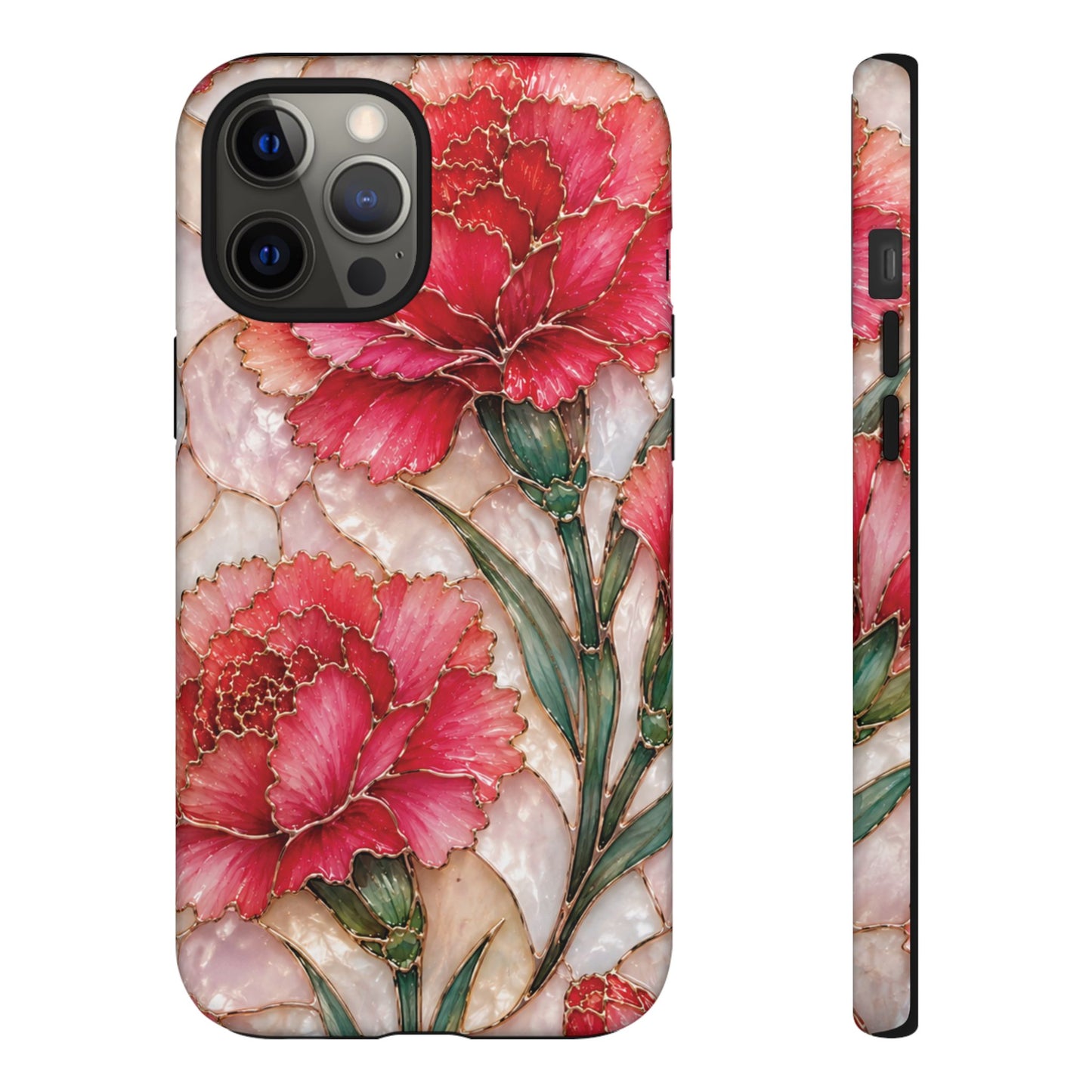 Stained Glass Effect Carnation Floral Tough Phone Case – Pink Vintage Botanical Protective Cover