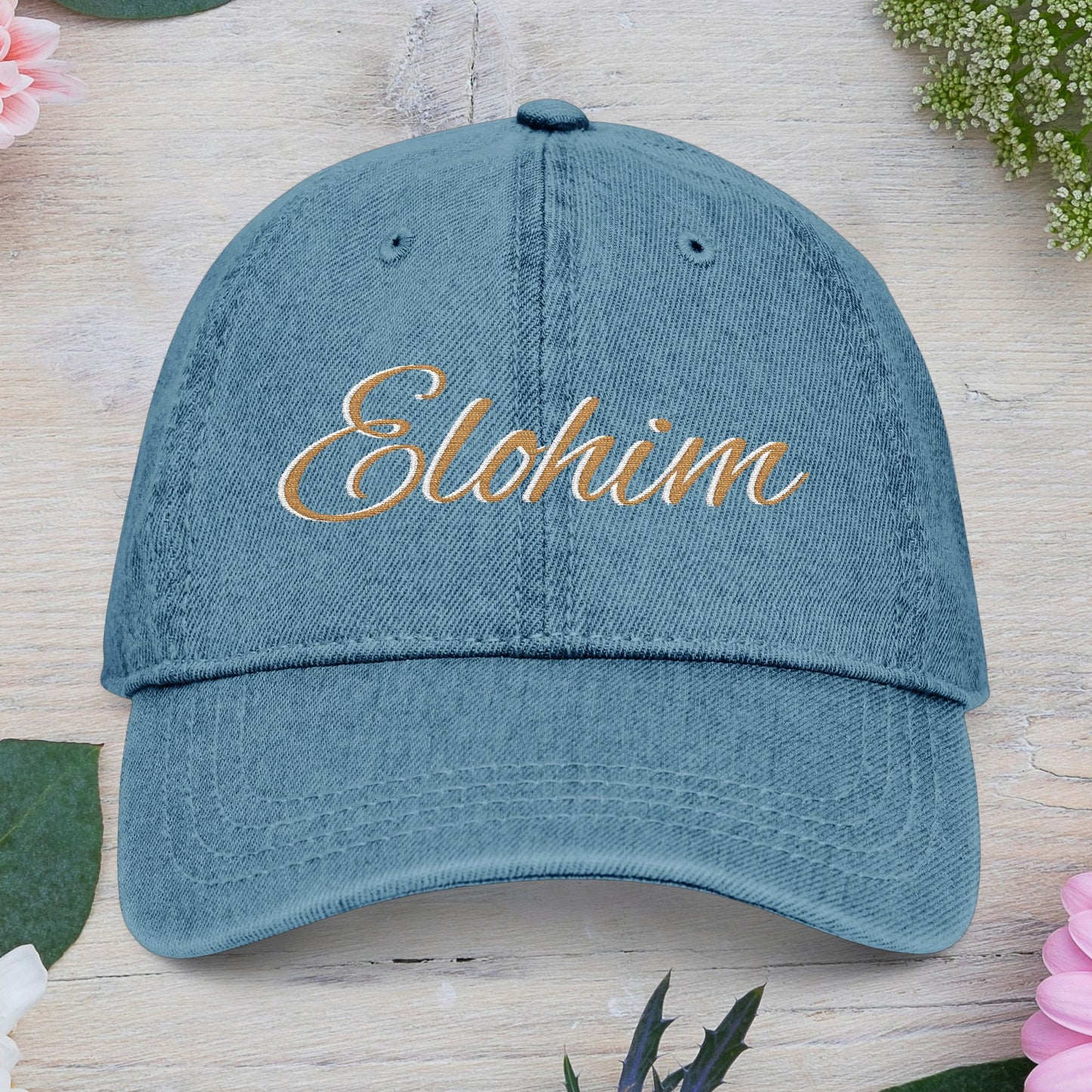 Denim 'ELOHIM, GENESIS 1:1' Hat (Embroidery), Stylish Casual Hat, Gift for Him/Her, Summer Accessory, Trendy Streetwear, Spiritual Fashion.