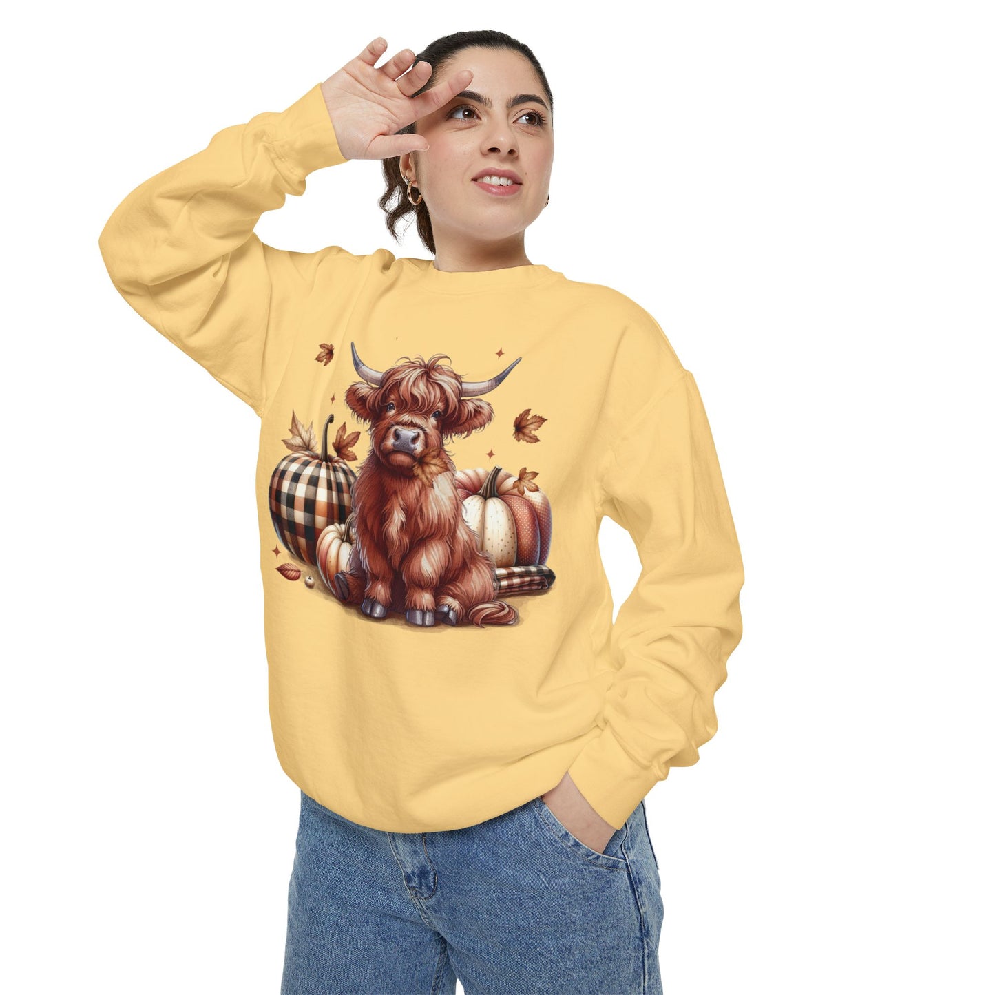 Autumn Highland Cow Charm Unisex Garment-Dyed Sweatshirt