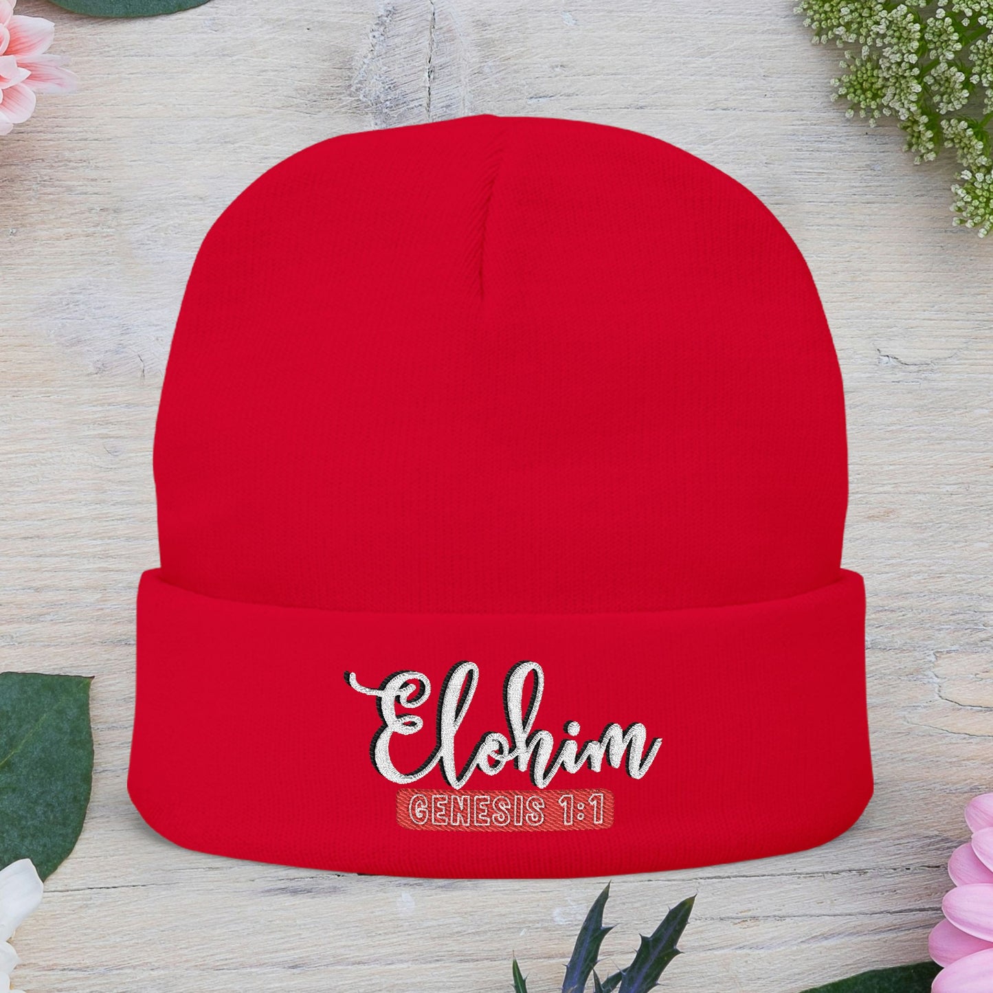 Stylish Knit Beanie with 'ELOHIM, Genesis 1:1' Embroidery, Winter Accessory, Religious Gift, Cozy Beanie Cap, Faith-Inspired Fashion