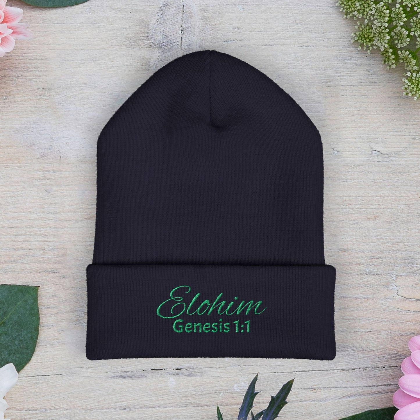 Green Embroidered 'ELOHIM, GENESIS 1:1' Classic Cuffed Beanie - Cozy Winter Hat, Streetwear Accessory, Personalized Gifts, Religious Apparel, Unisex Beanie
