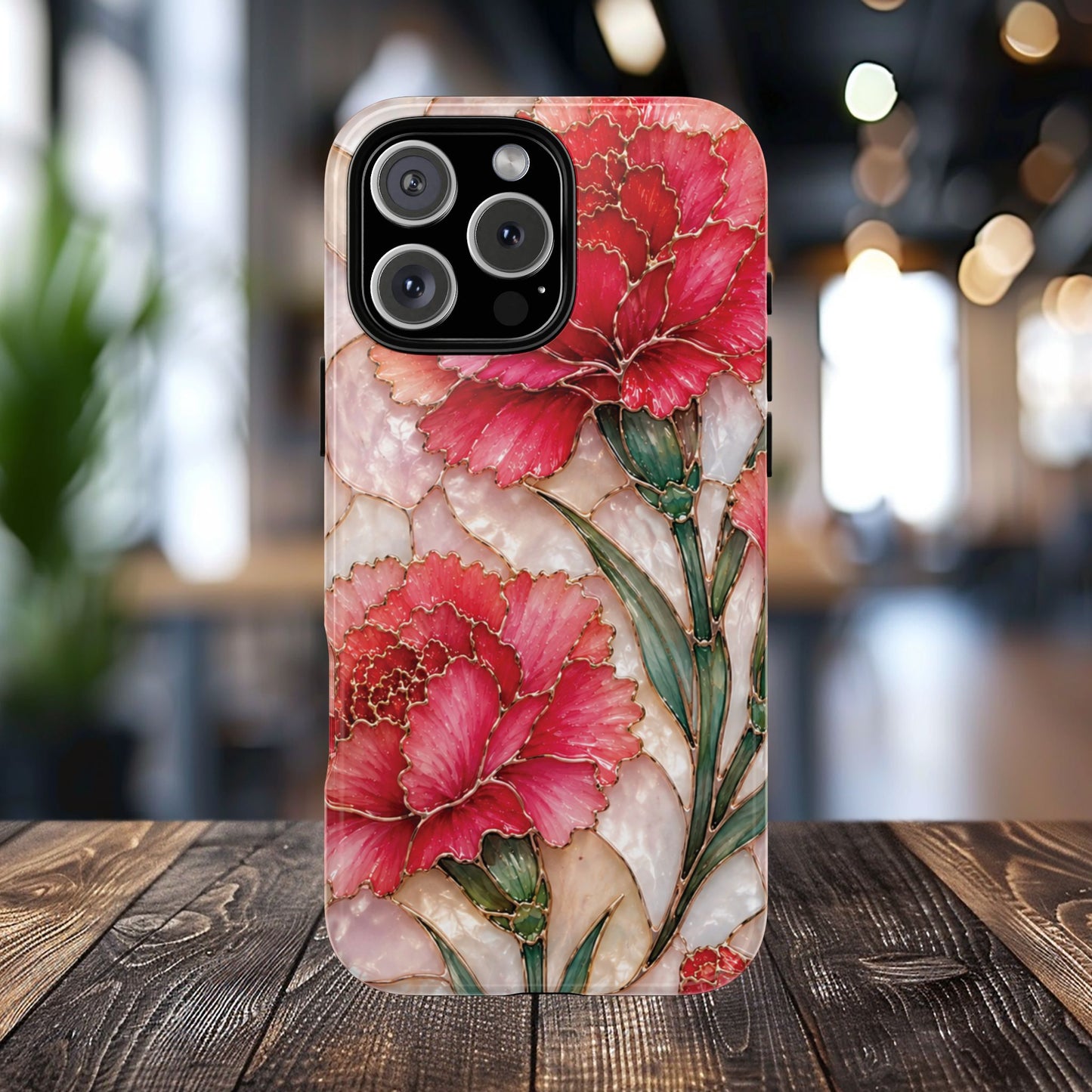 Stained Glass Effect Carnation Floral Tough Phone Case – Pink Vintage Botanical Protective Cover